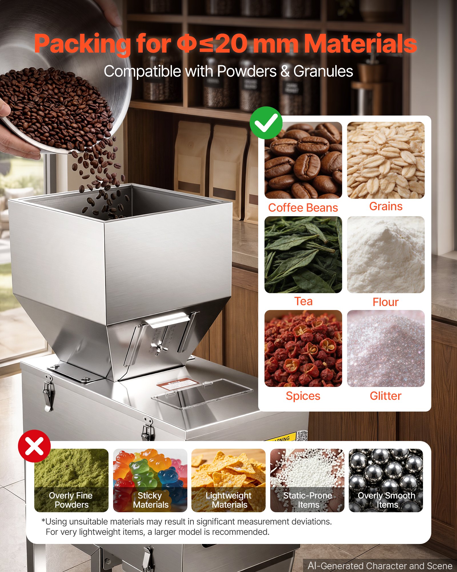 VEVOR Máquina Llenadora con Pedal de Polvo y Granos de 10-999 g, Dispensador con Control Manual, Máquina de Llenado de Acero Inoxidable para Frutos Secos Semillas Especias Té Café Cereales Purpurina