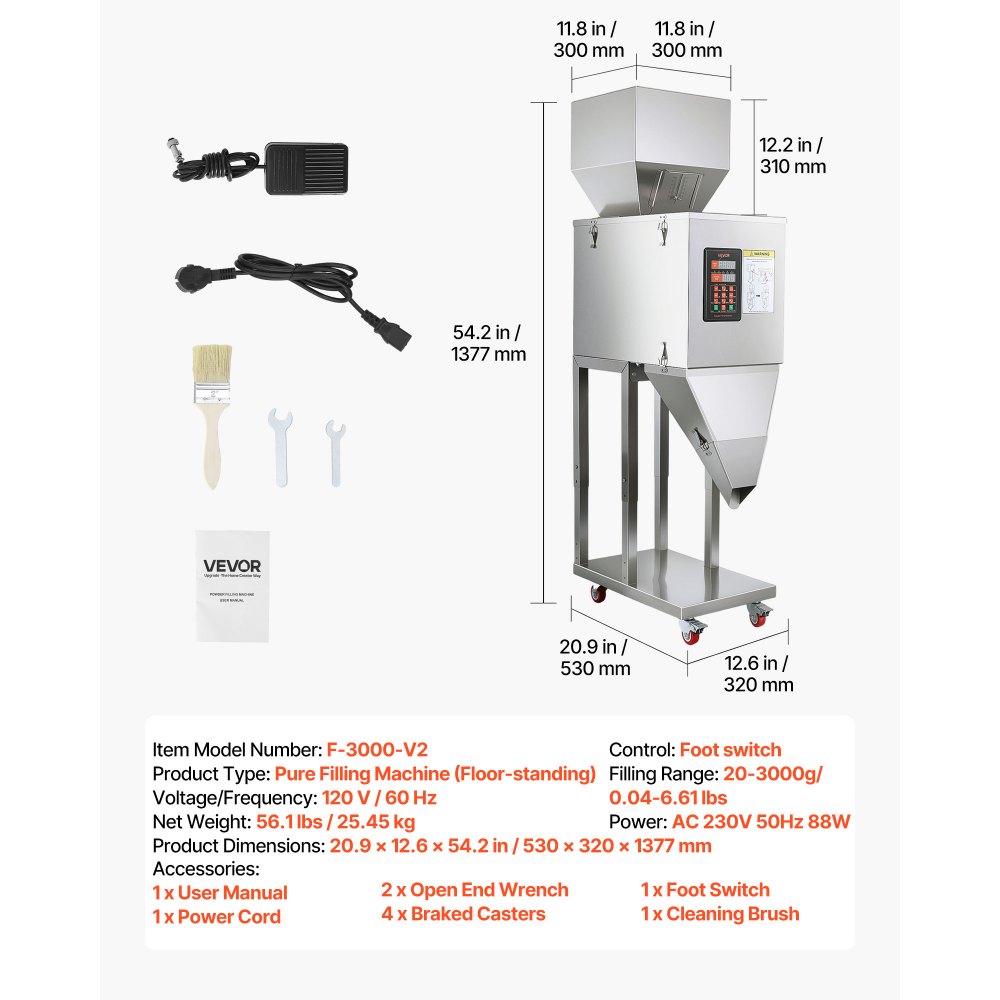 VEVOR Máquina Llenadora con Pedal de Polvo y Granos de 20-3000 g, Dispensador con Control Manual, Máquina de Llenado de Acero Inoxidable para Frutos Secos, Té, Café, Semillas, Especias y Cereales