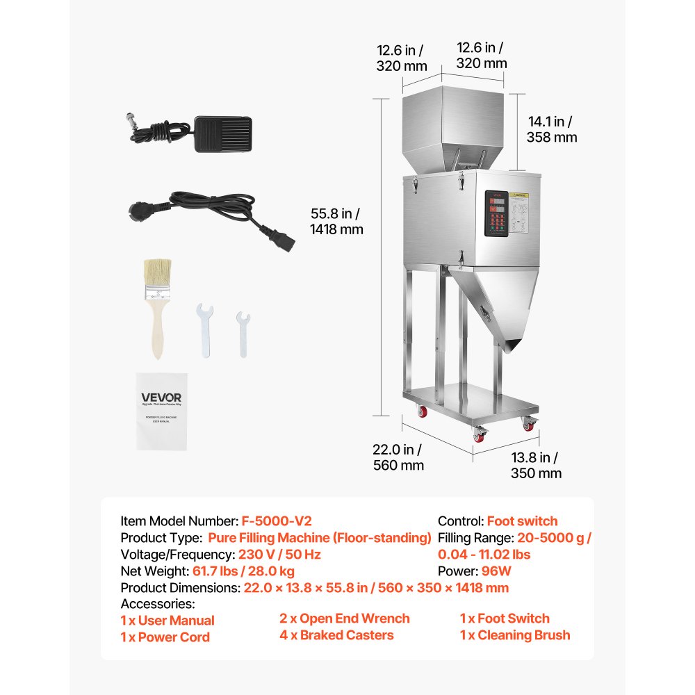 VEVOR Powder Filling Machine, 20-5000g Automatic Particle Dispenser, Premium Stainless Steel, Intelligent Weighing Dispensing Filler w/ Foot Pedal, for Coffee Beans, Grains, Tea, Spices, Silver