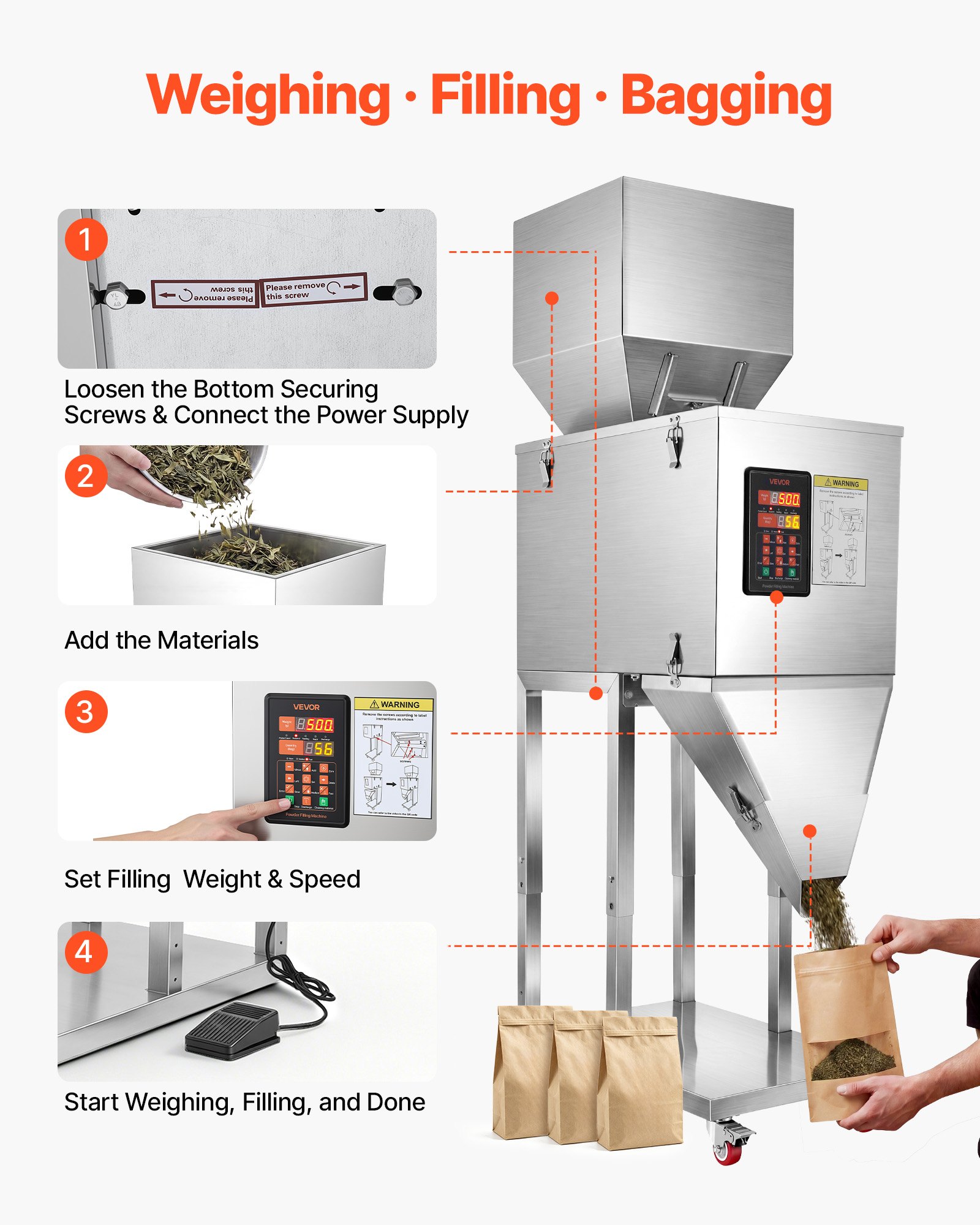 VEVOR Powder Filling Machine, 20-5000g Automatic Particle Dispenser, Premium Stainless Steel, Intelligent Weighing Dispensing Filler w/ Foot Pedal, for Coffee Beans, Grains, Tea, Spices, Silver