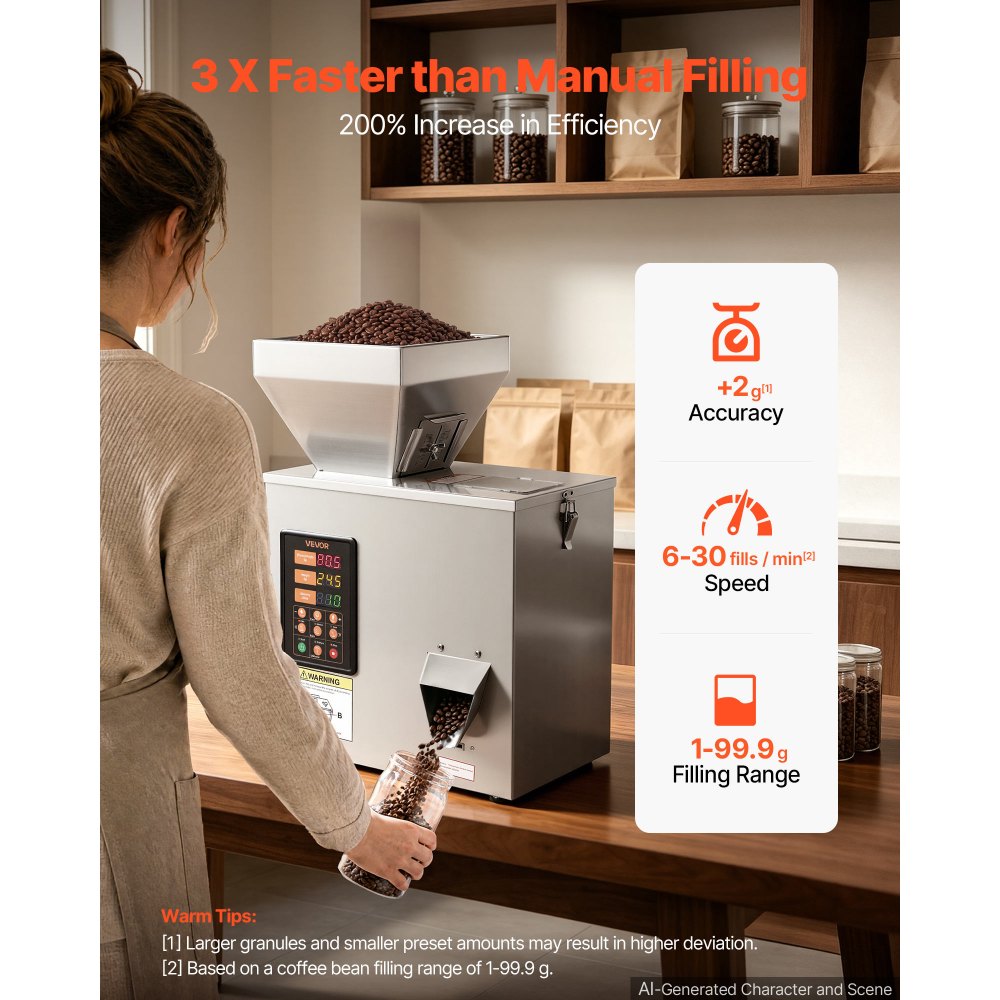 VEVOR Powder Filling Machine, 1-99.9g Automatic Particle Dispenser, High Accuracy, Premium Stainless Steel, Intelligent Weighing Dispensing Filler for Coffee Beans, Grains, Tea, Spices, Silver