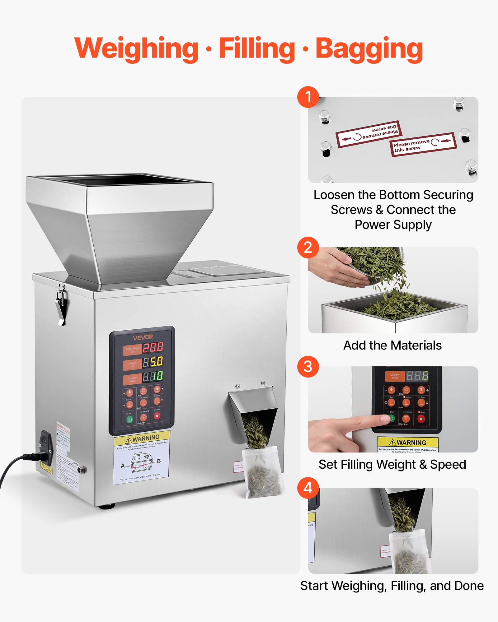 VEVOR Powder Filling Machine, 1-99.9g Automatic Particle Dispenser, High Accuracy, Premium Stainless Steel, Intelligent Weighing Dispensing Filler for Coffee Beans, Grains, Tea, Spices, Silver