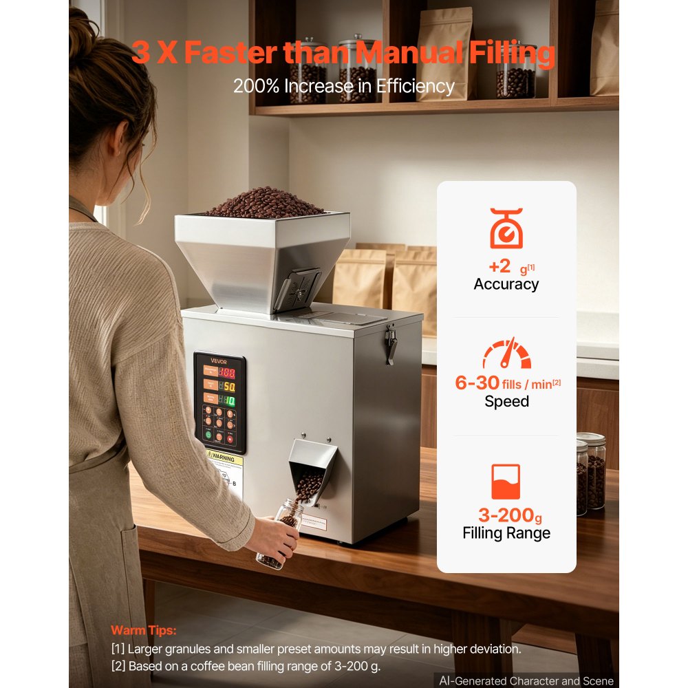 VEVOR Máquina Llenadora Automática de Polvo y Granos de 3-200 g, Máquina de Llenado de Acero Inoxidable, Dispensador con Sensor Infrarrojo para Especias, Semillas, Té, Cereales, Café y Frutos Secos