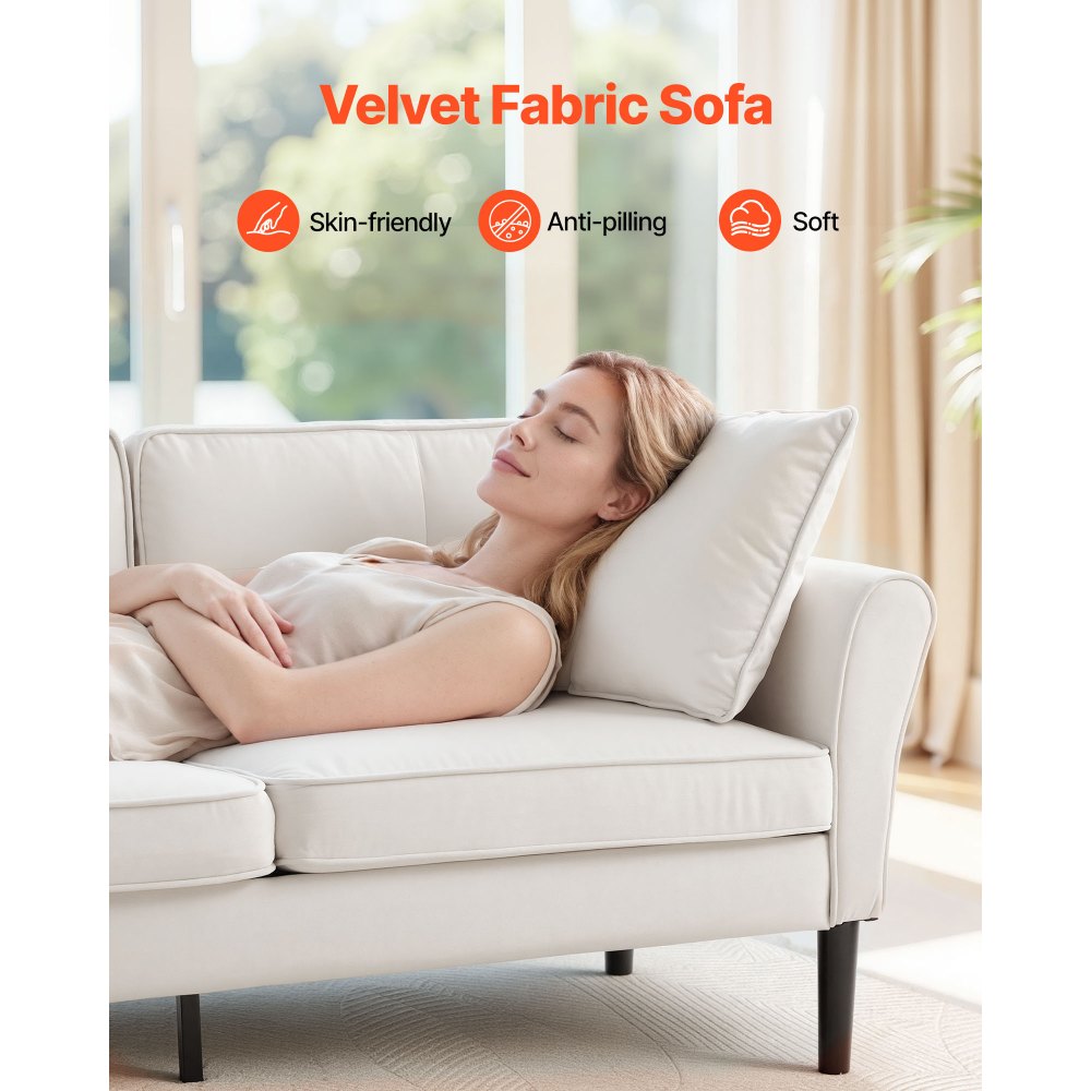 VEVOR Sofá en Tela de Terciopelo 2 Plazas 176 x 75 x 80 cm Sofá Moderno Cómodo con Muelles Sinuosos, Cojines Suaves, Estructura Robusta para Sala de Estar, Dormitorio, Oficina, Apartamento, Blanco