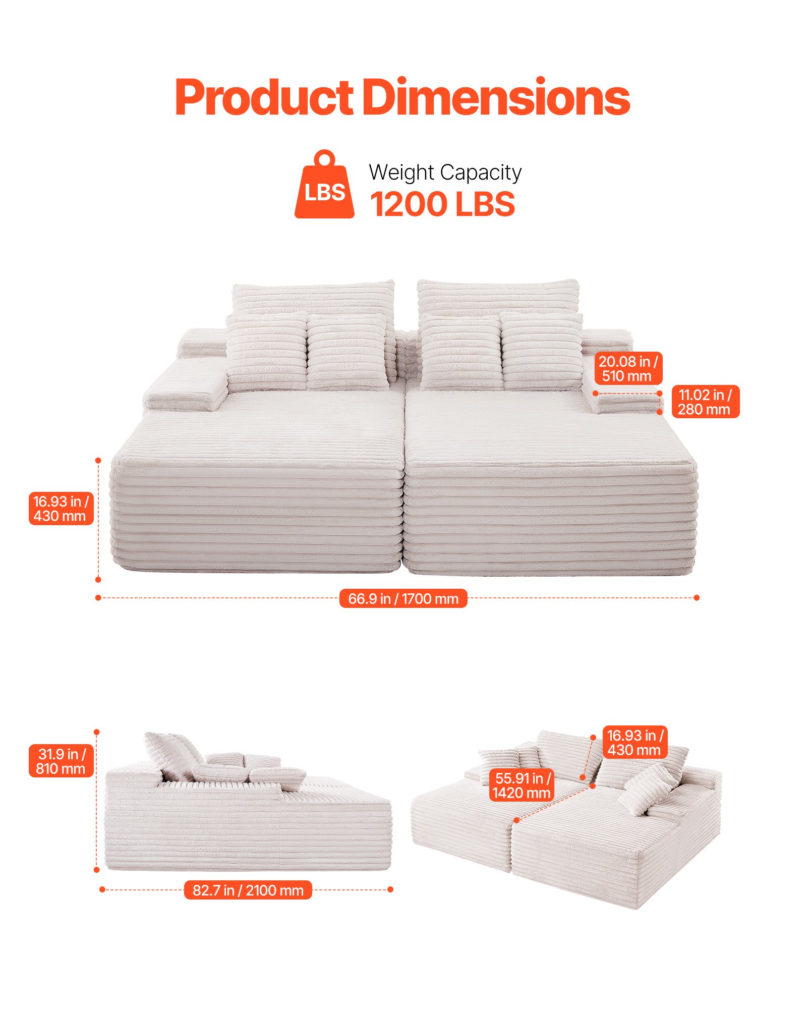 VEVOR Sofá de Pana 2 Plazas 210 x 170 x 81 cm Sofá Moderno Extragrande con Cojines Suaves y Almohadones Decorativos para Sala de Estar, Dormitorio, Oficina, Apartamento, No Requiere Montaje, Beige