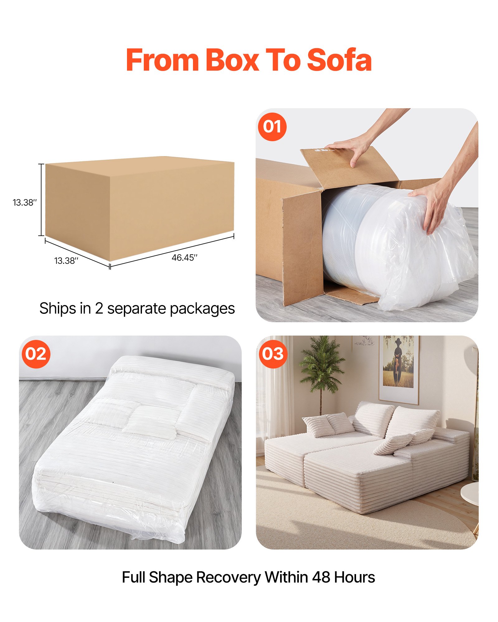 VEVOR Sofá de Pana 2 Plazas 210 x 170 x 81 cm Sofá Moderno Extragrande con Cojines Suaves y Almohadones Decorativos para Sala de Estar, Dormitorio, Oficina, Apartamento, No Requiere Montaje, Beige