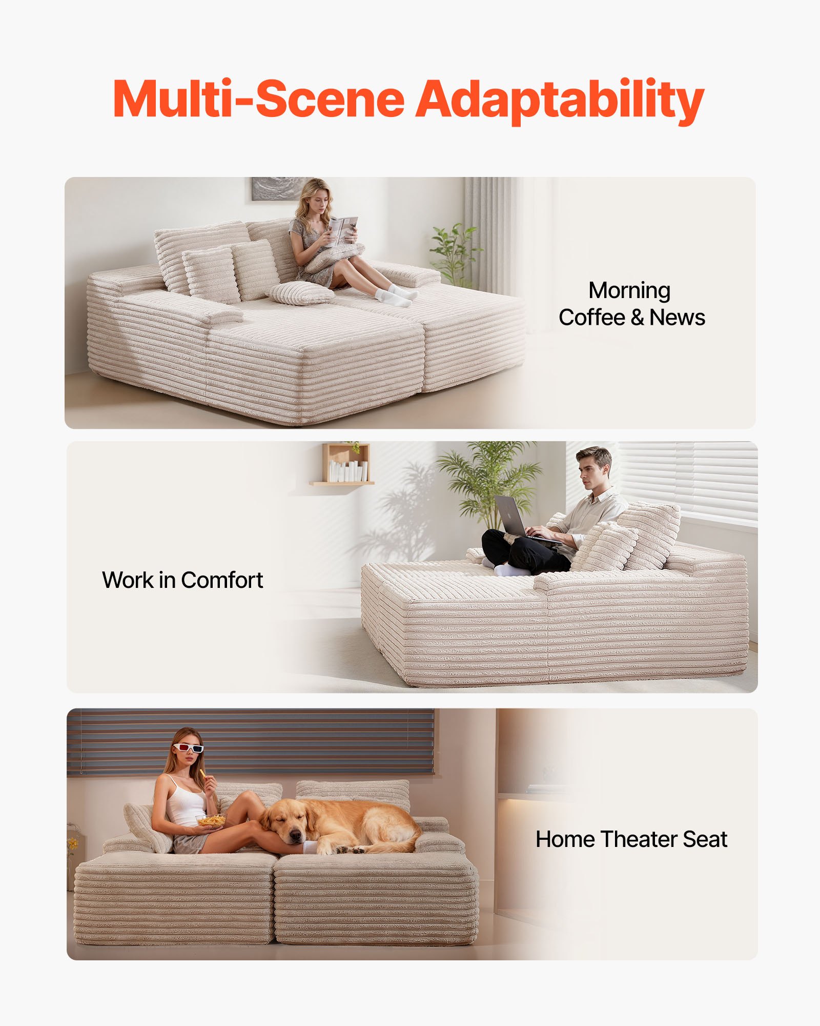 VEVOR Sofá de Pana 2 Plazas 210 x 170 x 81 cm Sofá Moderno Extragrande con Cojines Suaves y Almohadones Decorativos para Sala de Estar, Dormitorio, Oficina, Apartamento, No Requiere Montaje, Beige