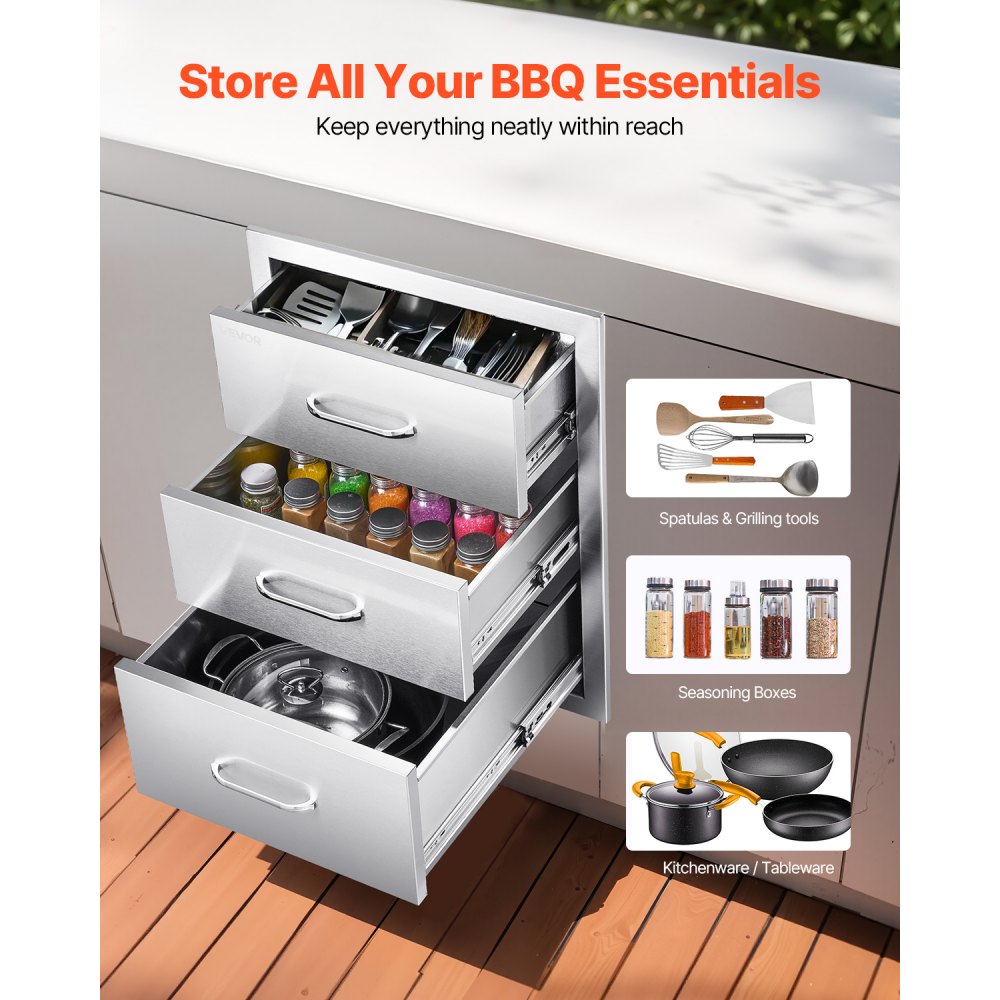 VEVOR Cajones de Cocina 460 x 590 x 590 mm, Cajonera Modular de Acero Inoxidable con Triple Acceso y Asas, Cajón para Isla de Barbacoa, Ideal para Cocina Exterior, Parrilla de Patio, Camping