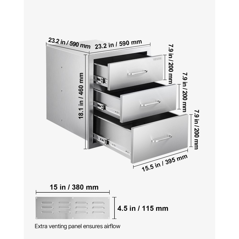 VEVOR Outdoor Kitchen Drawers 18.11"W x 23.23"D x 23.23"H, Triple-Access Stainless Steel BBQ Drawers with Handles, BBQ Island Drawer for Outdoor Kitchens or Barbeque Island Patio Grill Station