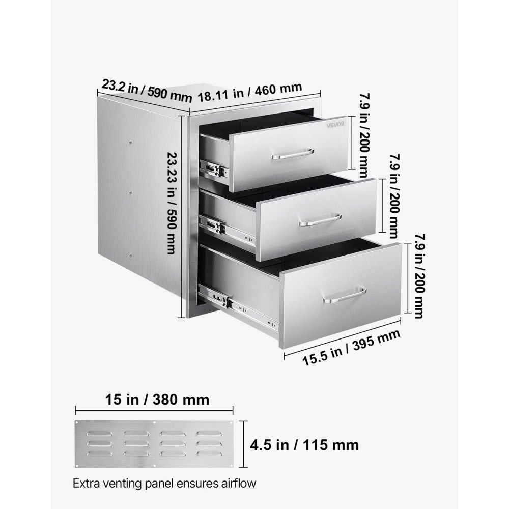 VEVOR Cajones de Cocina para Exterior 46 x 59 x 59 cm, 3 Cajones para Barbacoa de Triple Acceso con Asa de Aleación de Zinc, Cajonera para Cocinas al Aire Libre, Estación de Parrilla para Patio