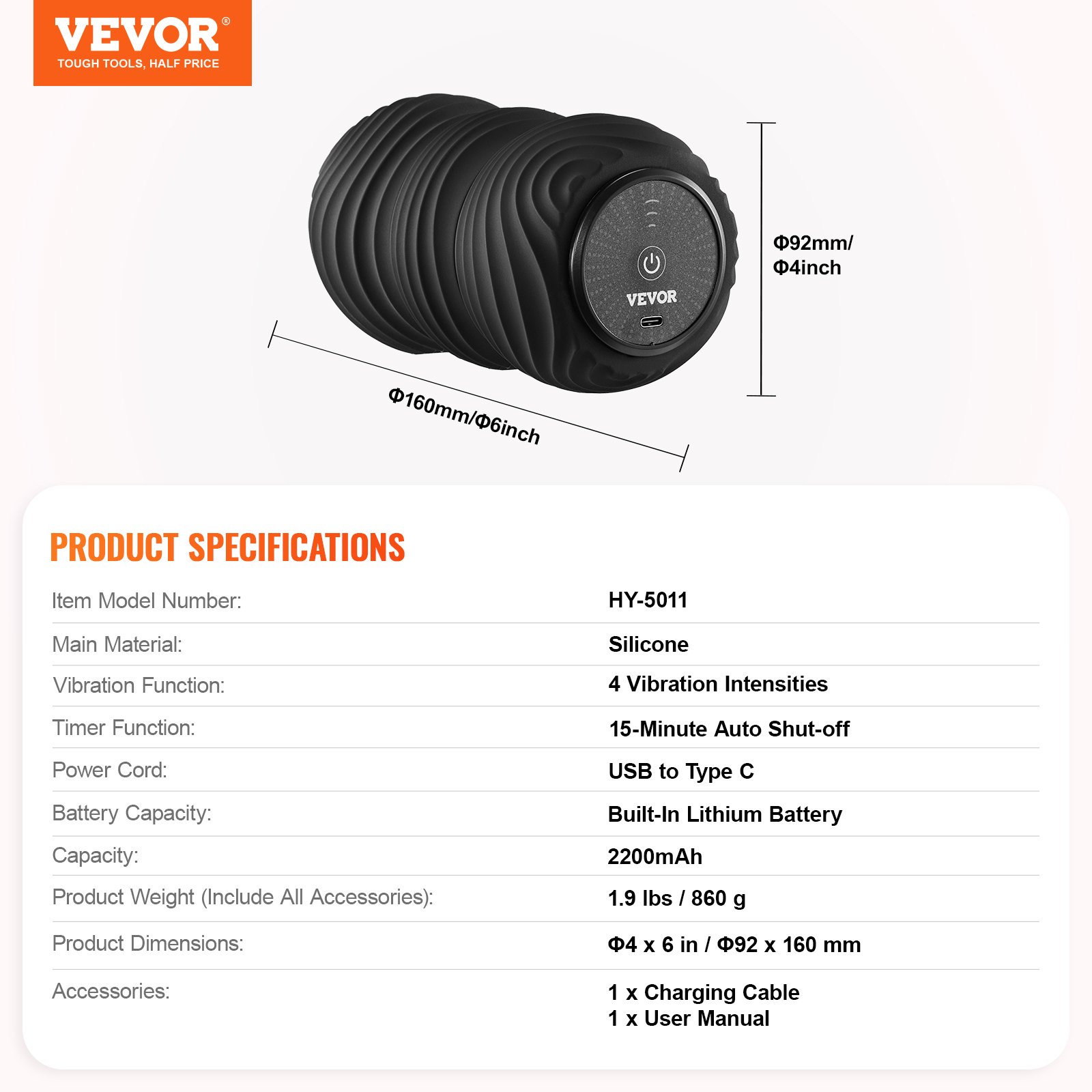 VEVOR Pelota de Masaje Vibratoria con Forma de Maní, Rodillo de Masaje Eléctrico de Doble Lacrosse con 4 Intensidades, para Aliviar el Dolor Muscular, Recuperación del Ejercicio, Φ 92 x 160 mm