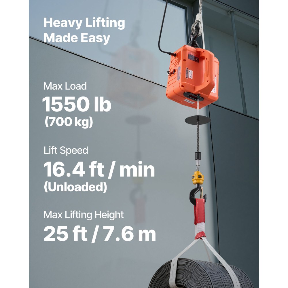 VEVOR Cabrestante Eléctrico 3 en 1, Carga 700 kg, 1500 W, Altura de Elevación 7,6 m, Velocidad de 5 m/min con Control Manual, Remoto con Cable e Inalámbrico para Fábricas, Almacenes y Talleres