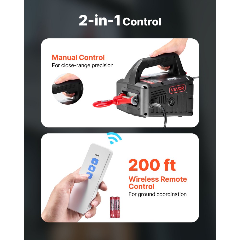 VEVOR Cabrestante Eléctrico 2 en 1, Carga 500 kg, 1500 W, Grúa Portátil, Altura de Elevación 7,6 m, Velocidad 5 m/min, con Control Manual y Remoto Inalámbrico para Fábricas, Almacenes y Talleres