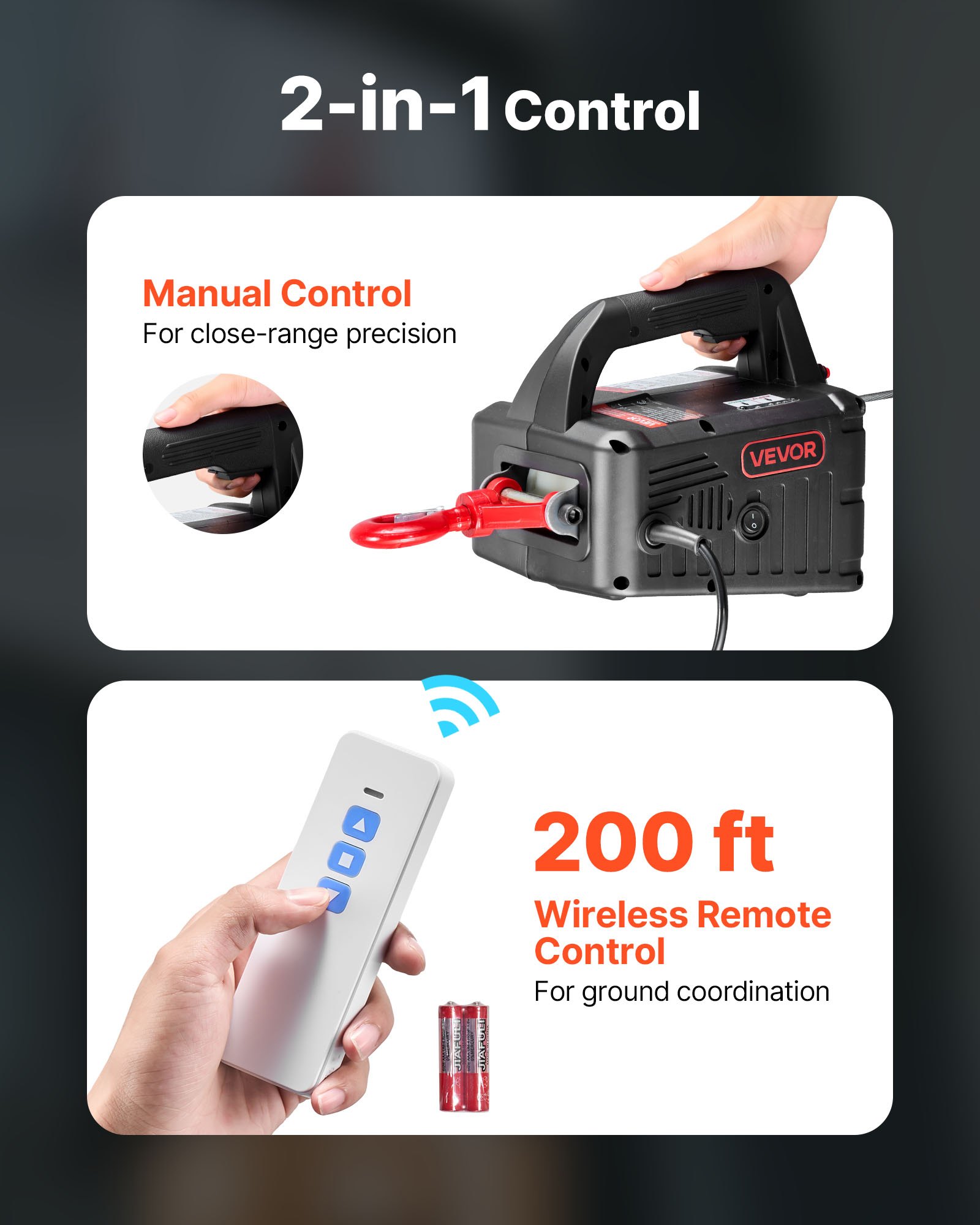 VEVOR Cabrestante Eléctrico 2 en 1, Carga 500 kg, 1500 W, Grúa Portátil, Altura de Elevación 7,6 m, Velocidad 5 m/min, con Control Manual y Remoto Inalámbrico para Fábricas, Almacenes y Talleres