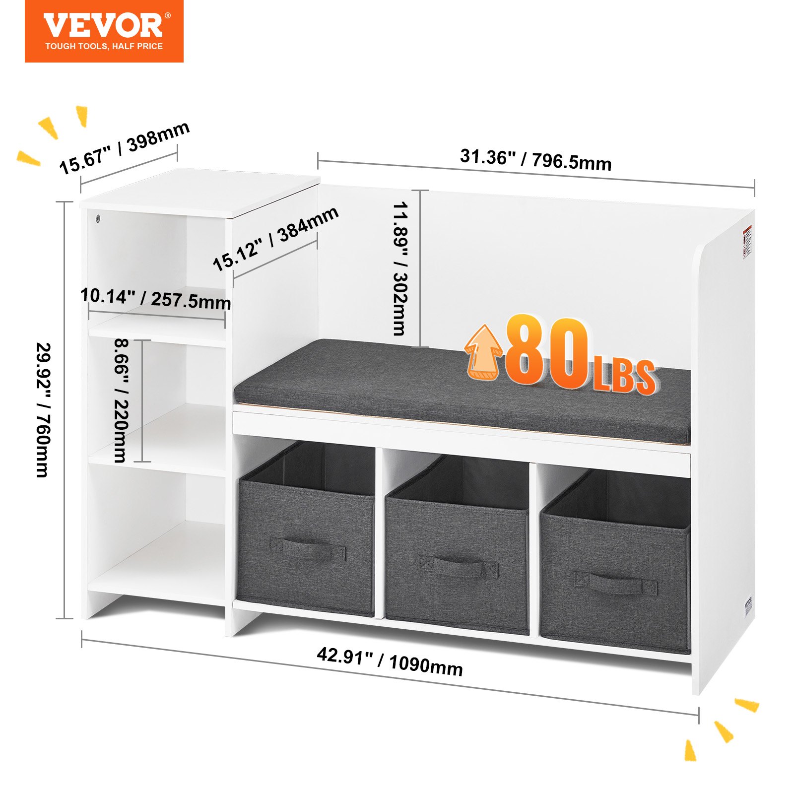 VEVOR Children's Reading Bench, Bookshelf and Bookcase for Toddlers with Removable Seat Cushion, Storage Bench with 6 Shelves and 3 Drawers, Ideal for Playroom, Bedroom, Living Room