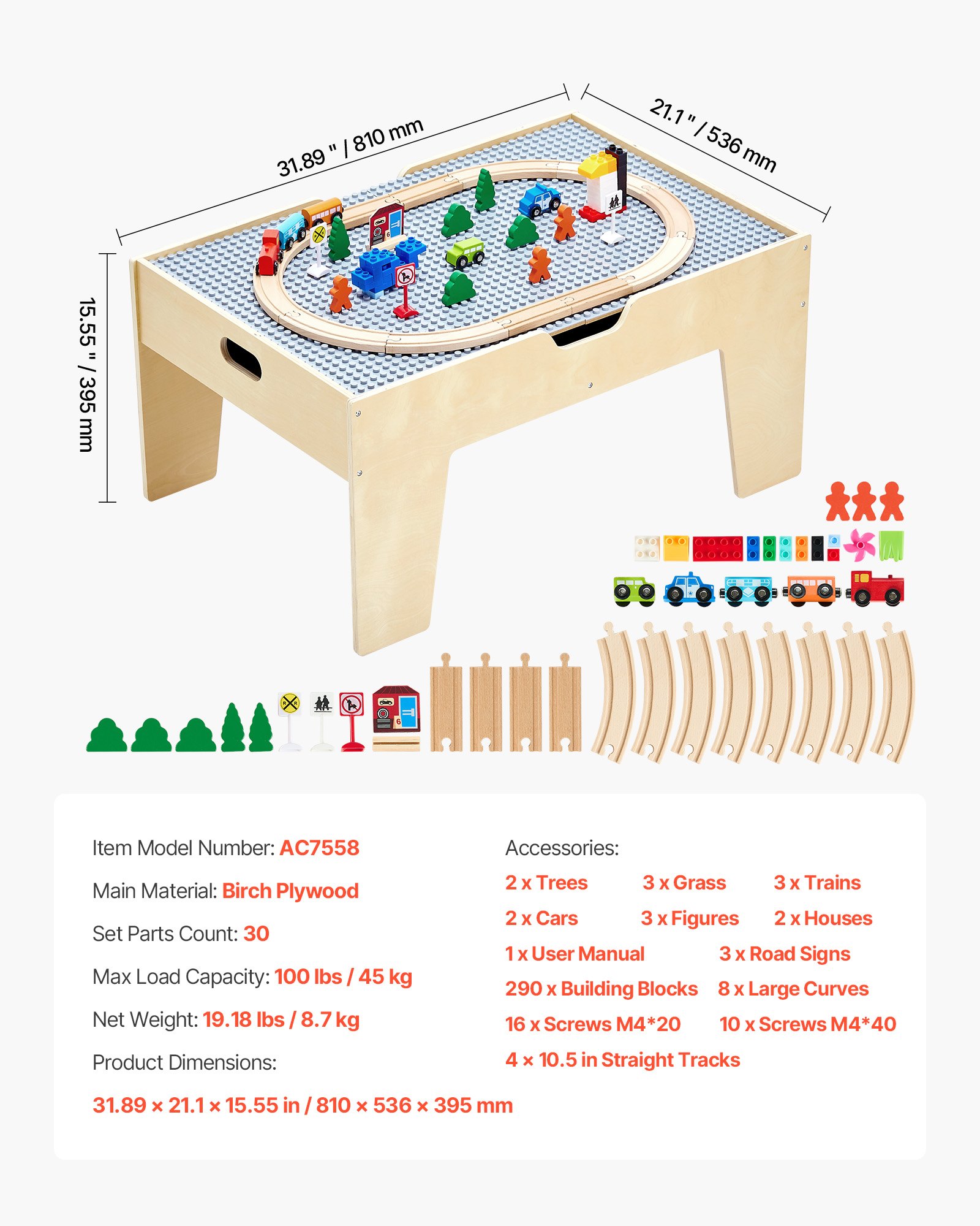 VEVOR Mesa de Juego de Actividades Multiusos con 290 Bloques de Construcción y 30 Accesorios 810x536x395 mm Mesa de Actividades de Madera con Espacio de Almacenamiento para Facilitar Organización