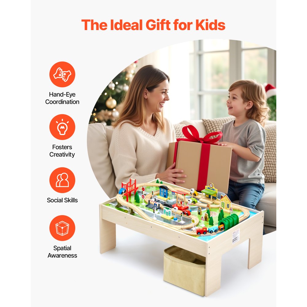 VEVOR Train Table, 84 Multicolor Pieces Wooden Kids Activity Table with Collapsible Storage Bin, 3-in-1 Wooden Train Set for Gaming, Drawing, Reading, Eating, Creative Toy Set for Kids Ages 3+