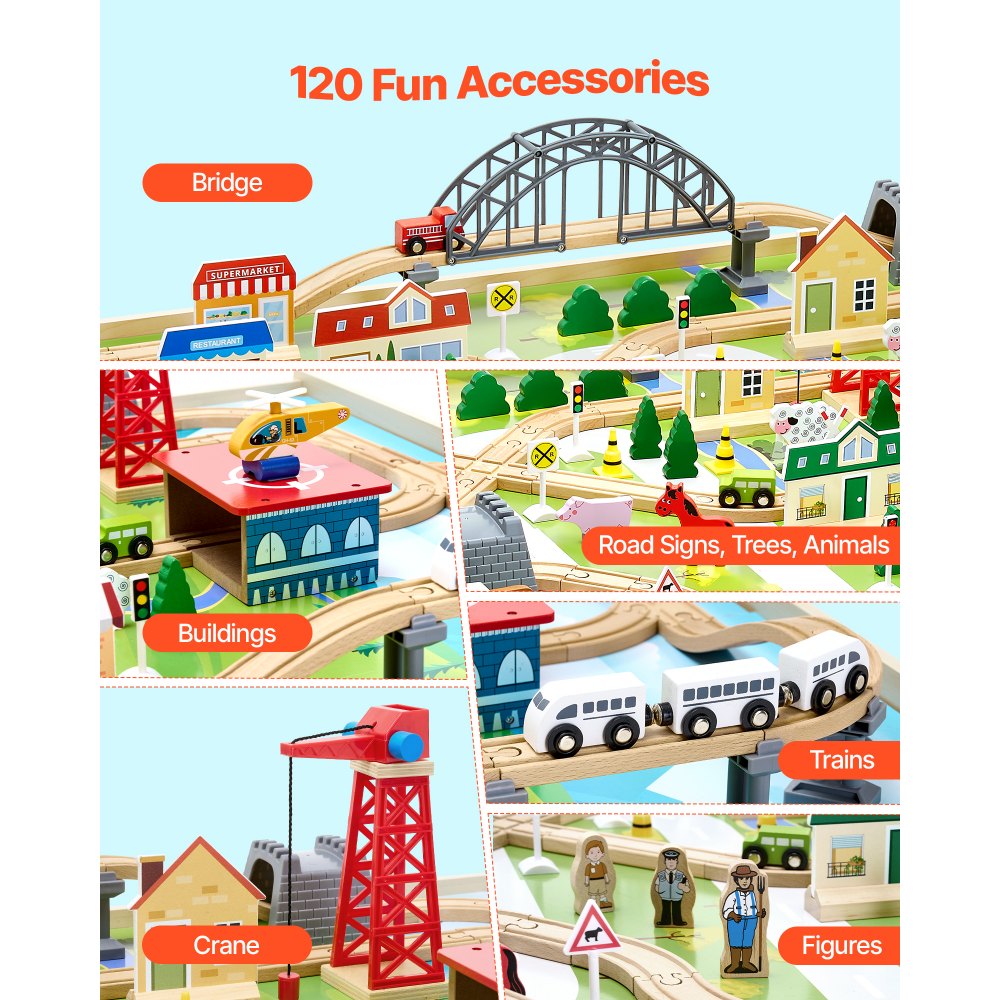 VEVOR Mesa de Actividad de Tren 120 Piezas de Madera 120 x 85 x 41 cm Mesa de Juegos de Tren Circuito de Ferroviarias Juguetes Creativos con Contenedor de Almacenamiento para Facilitar Organización