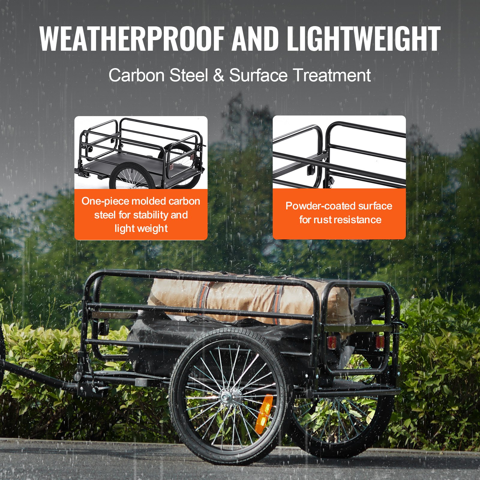 VEVOR Remolque de Carga para Bicicletas Capacidad de Carga de 72 kg Carrito Resistente para Bicicletas Ruedas de 40 cm, Reflectores de Seguridad, Compatible con Ruedas de Bicicleta de 56 a 71 cm