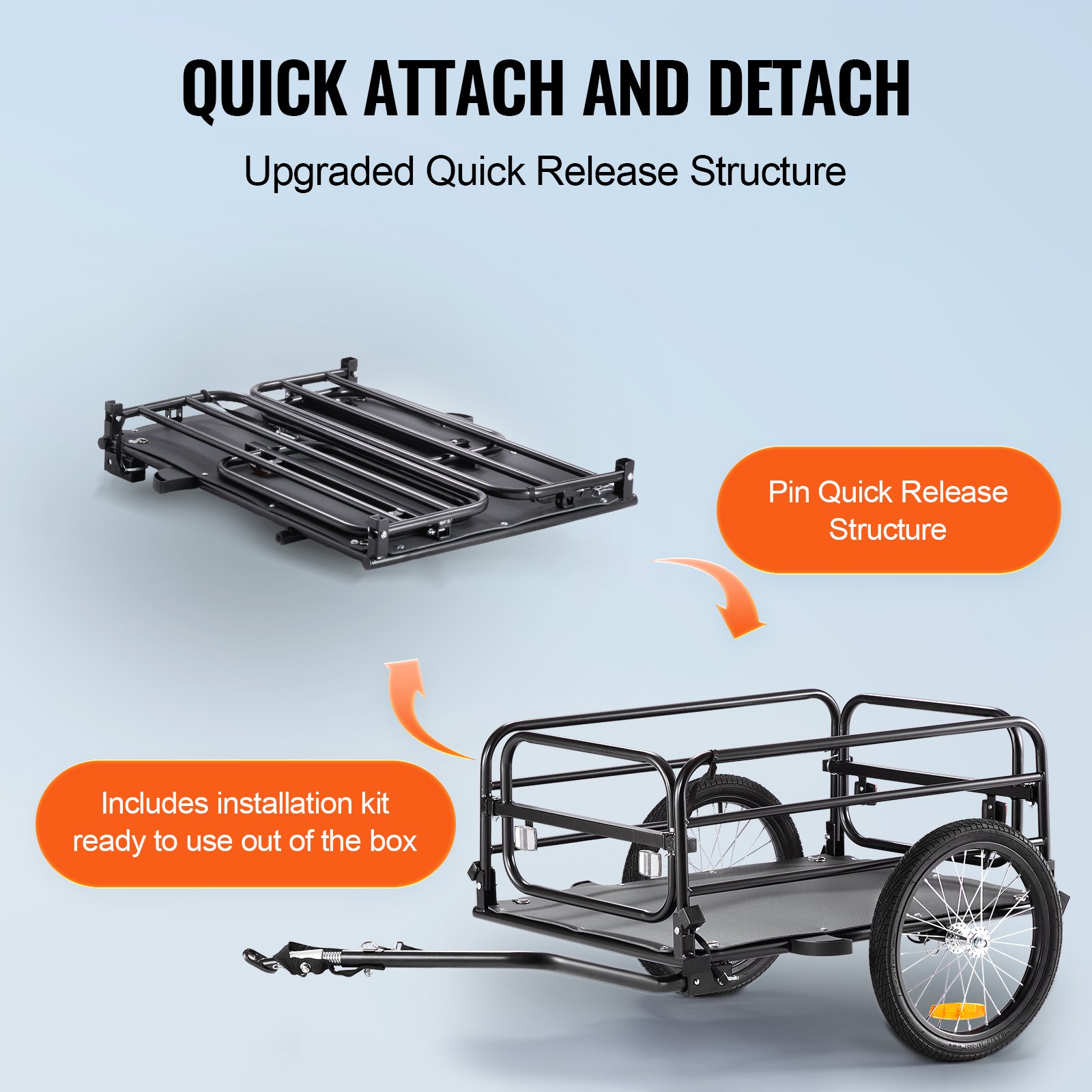 VEVOR Remolque de Carga para Bicicletas Capacidad de Carga de 72 kg Carrito Resistente para Bicicletas Ruedas de 40 cm, Reflectores de Seguridad, Compatible con Ruedas de Bicicleta de 56 a 71 cm