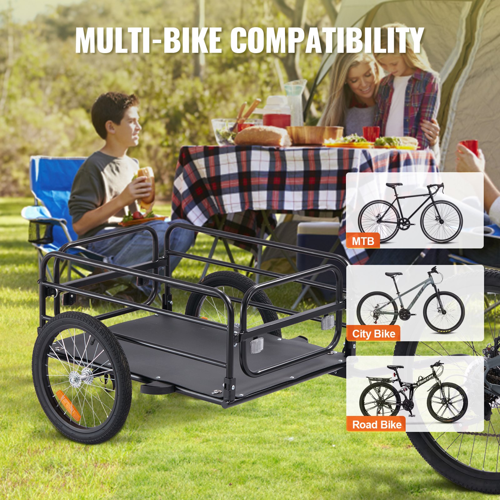 VEVOR Remolque de Carga para Bicicletas Capacidad de Carga de 72 kg Carrito Resistente para Bicicletas Ruedas de 40 cm, Reflectores de Seguridad, Compatible con Ruedas de Bicicleta de 56 a 71 cm