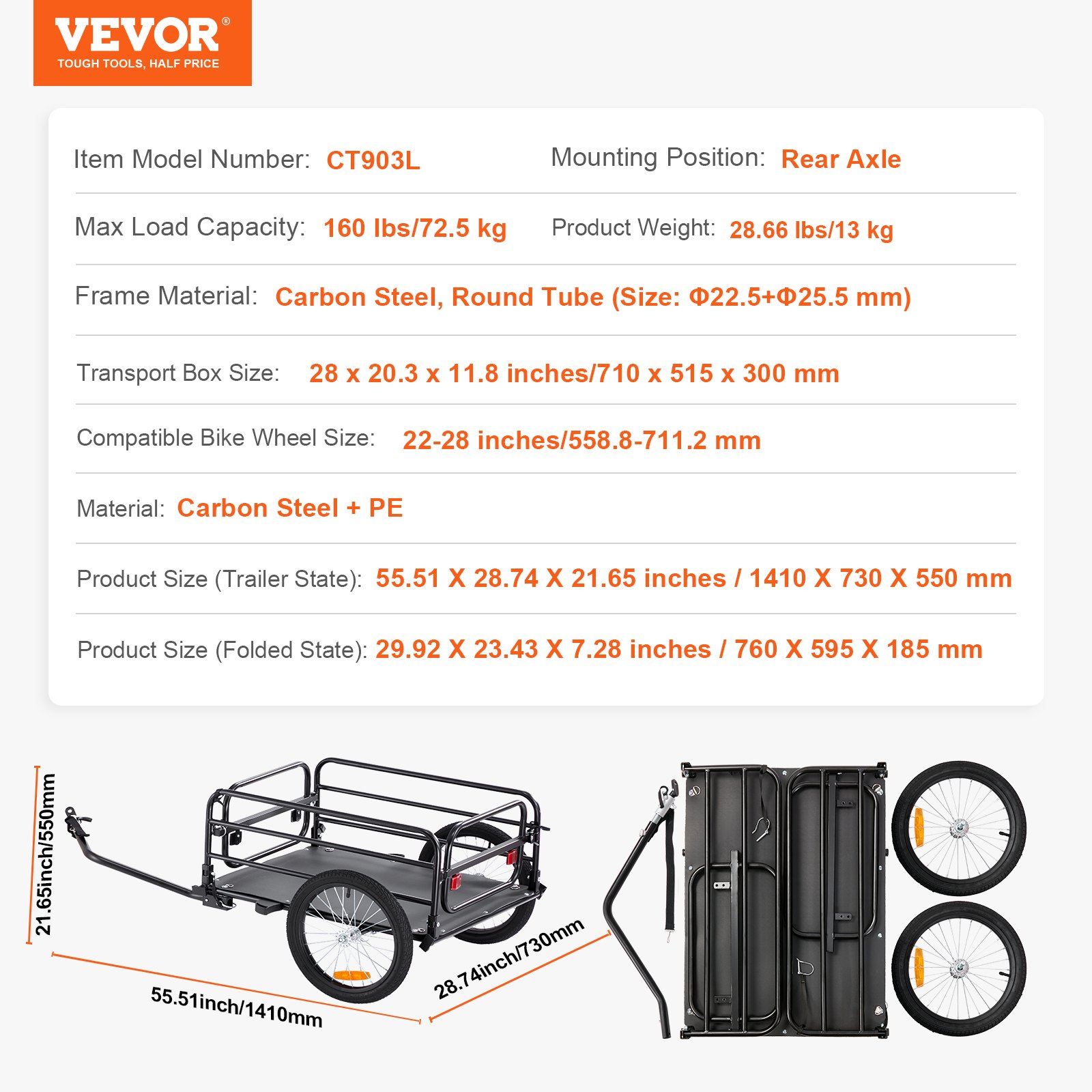VEVOR Remolque de Carga para Bicicletas Capacidad de Carga de 72 kg Carrito Resistente para Bicicletas Ruedas de 40 cm, Reflectores de Seguridad, Compatible con Ruedas de Bicicleta de 56 a 71 cm