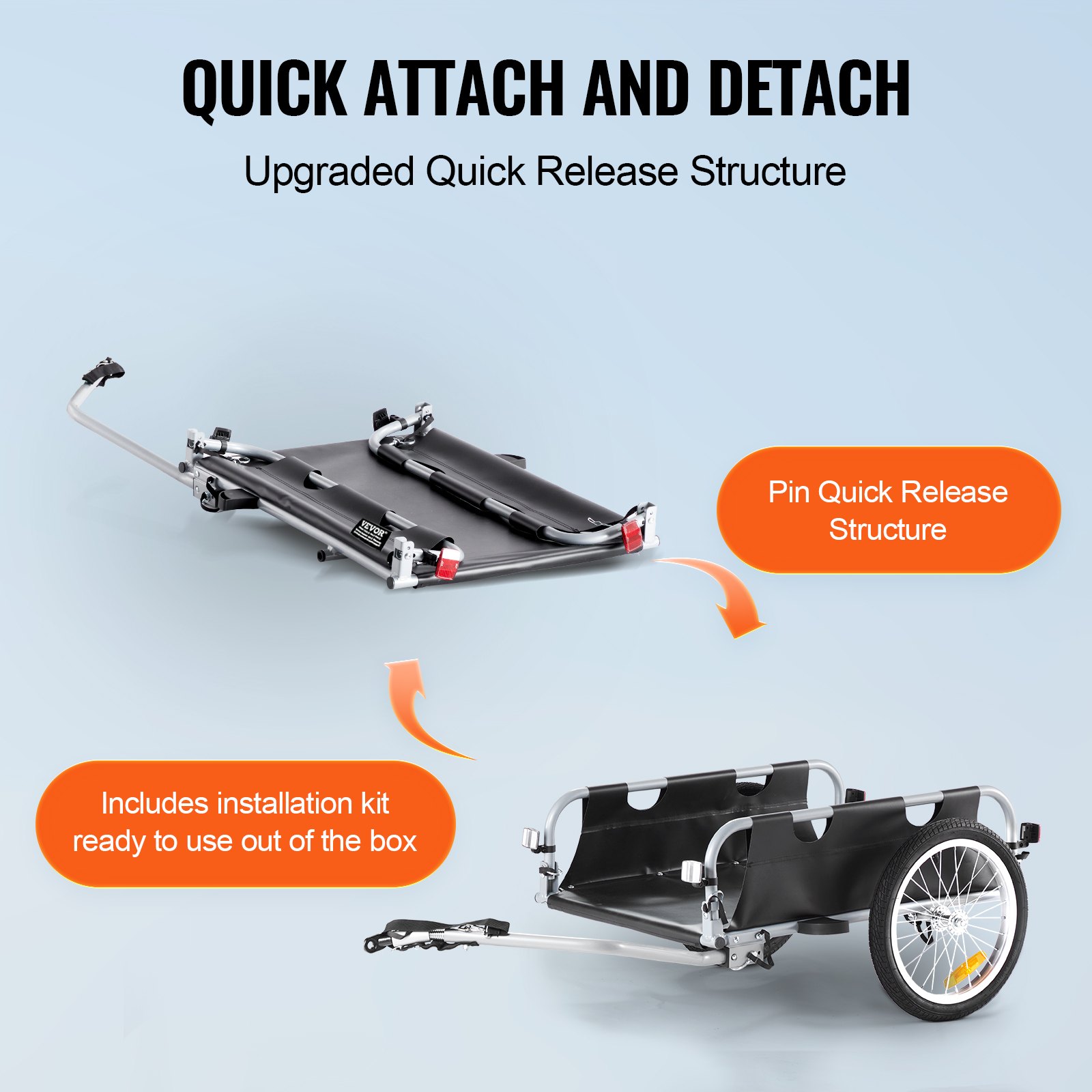 VEVOR Remolque para Bicicleta Capacidad de Carga de 45 kg Carro para Bicicleta Almacenamiento Compacto Plegable con Enganche Universal Ruedas de 406 mm para Bicicleta con Ruedas de 558,8 - 711,2 mm