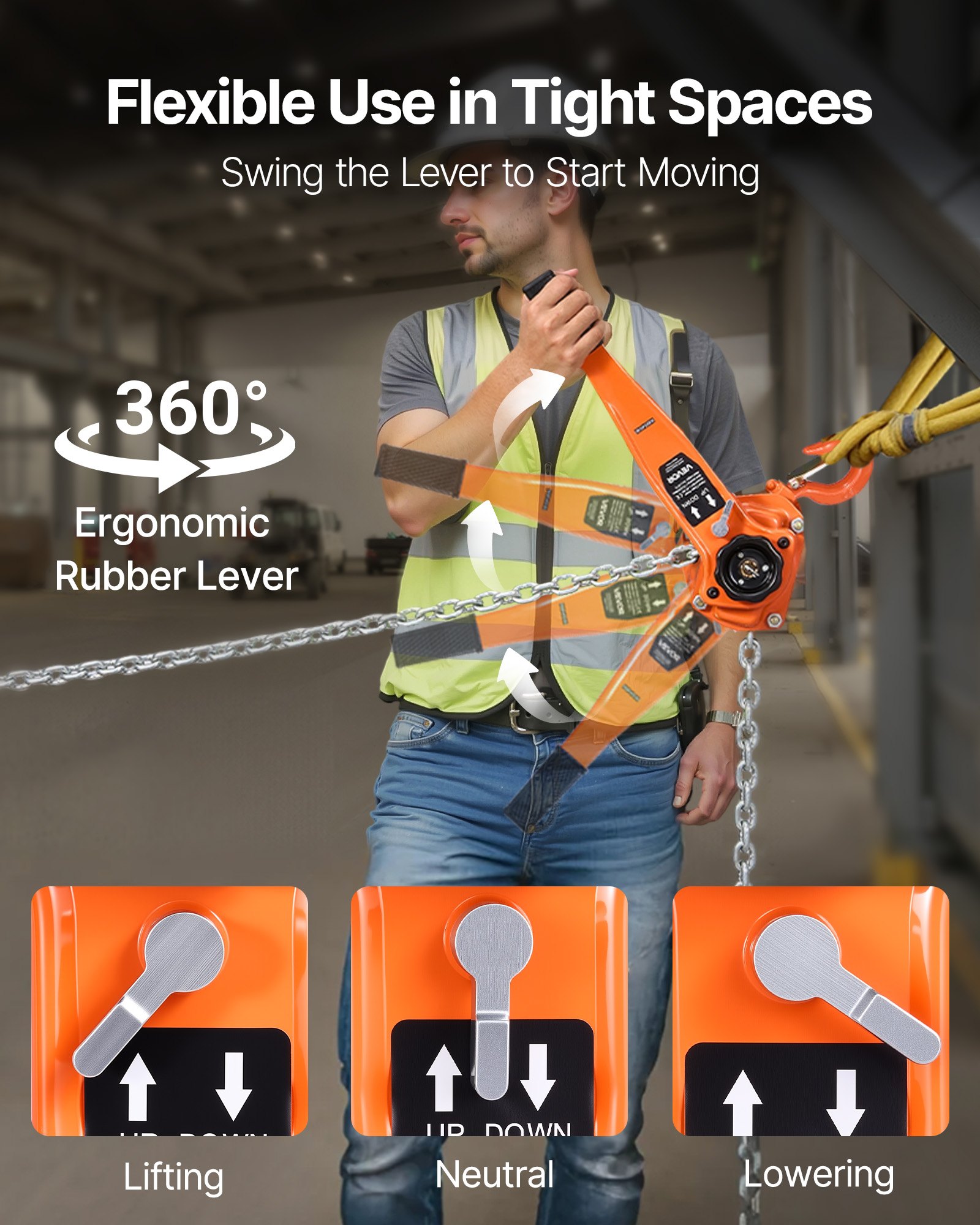 VEVOR Polipasto de Cadena Manual Carga de 1,5 T, Elevación de 6 m, Cadena de Acero Aleado G80 con Freno Mecánico de Doble Trinquete, Ganchos Giratorios de 360°, para Almacenes, Construcción, Garajes