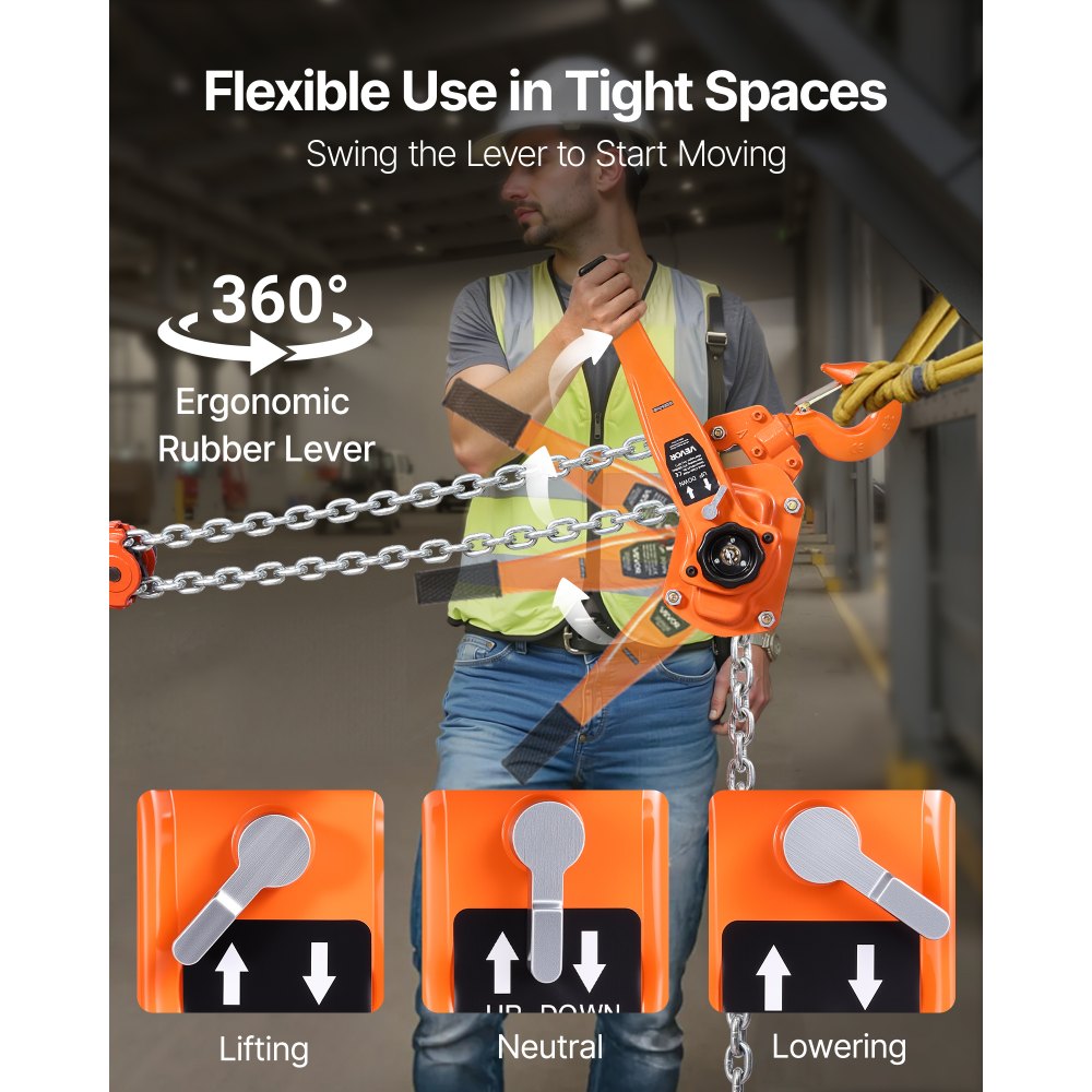 VEVOR Polipasto de Cadena Manual de Palanca, 6 T, Elevación 3 m, con Freno Mecánico de Doble Trinquete, con Ganchos Giratorios de 360°, para Almacén, Construcción y Garaje, 750 x 145 x 200 mm