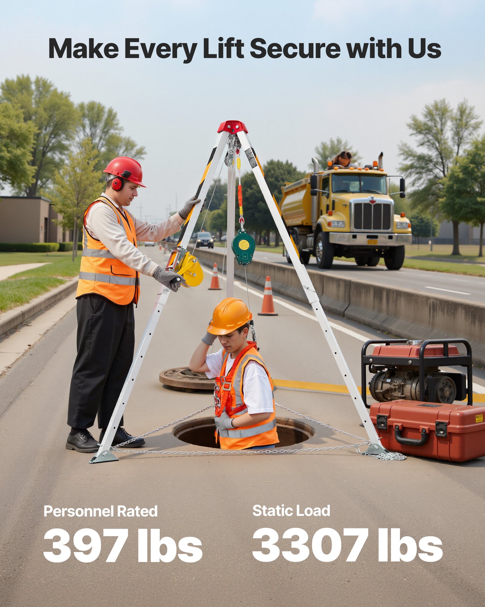 VEVOR Kit de Trípode de Rescate para Espacios Confinados, con Cabrestante 544 kg, Patas Ajustables de 1,25 m, Cable de 19,8 m, Protección Anticaídas de 10 m, Altura de Trabajo de 1,34 a 2,15 m