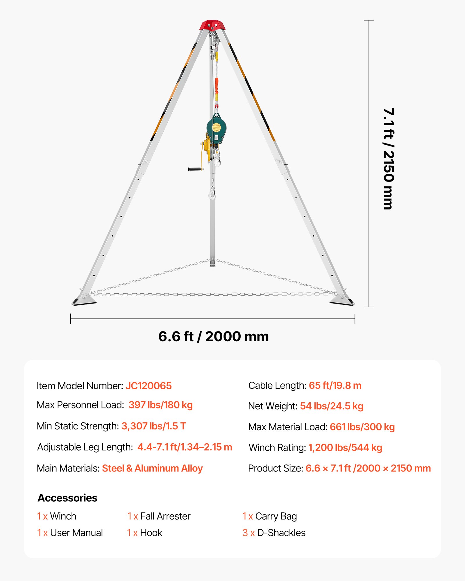 VEVOR Kit de Trípode de Rescate para Espacios Confinados, con Cabrestante 544 kg, Patas Ajustables de 1,25 m, Cable de 19,8 m, Protección Anticaídas de 10 m, Altura de Trabajo de 1,34 a 2,15 m