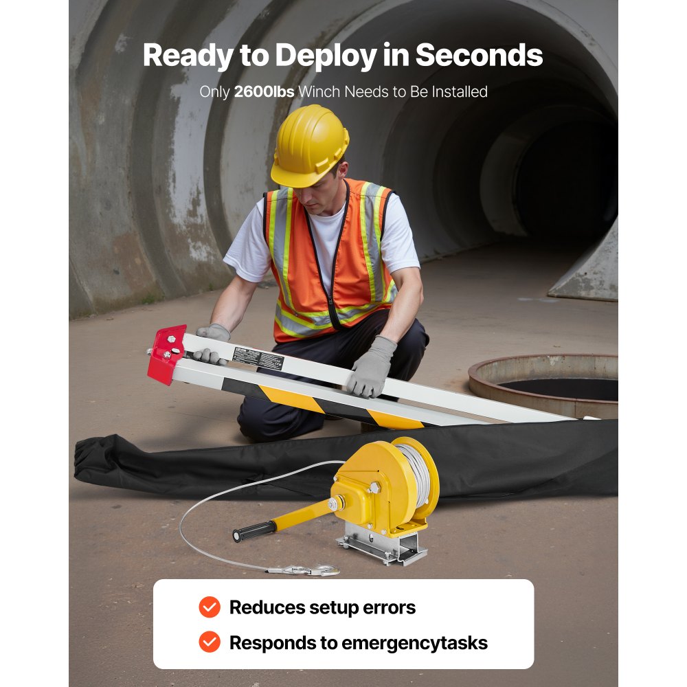 VEVOR Kit de Trípode de Rescate para Espacios Confinados, con Cabrestante 1179 kg, Patas Ajustables de 1,45 m, Cable de 30 m, Protección Anticaídas de 10 m, Altura de Trabajo de 1,6 a 2,45 m