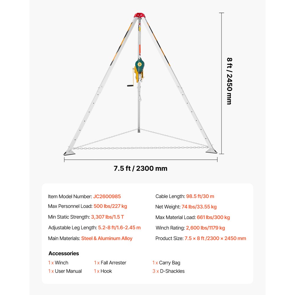 VEVOR Kit de Trípode de Rescate para Espacios Confinados, con Cabrestante 1179 kg, Patas Ajustables de 1,45 m, Cable de 30 m, Protección Anticaídas de 10 m, Altura de Trabajo de 1,6 a 2,45 m
