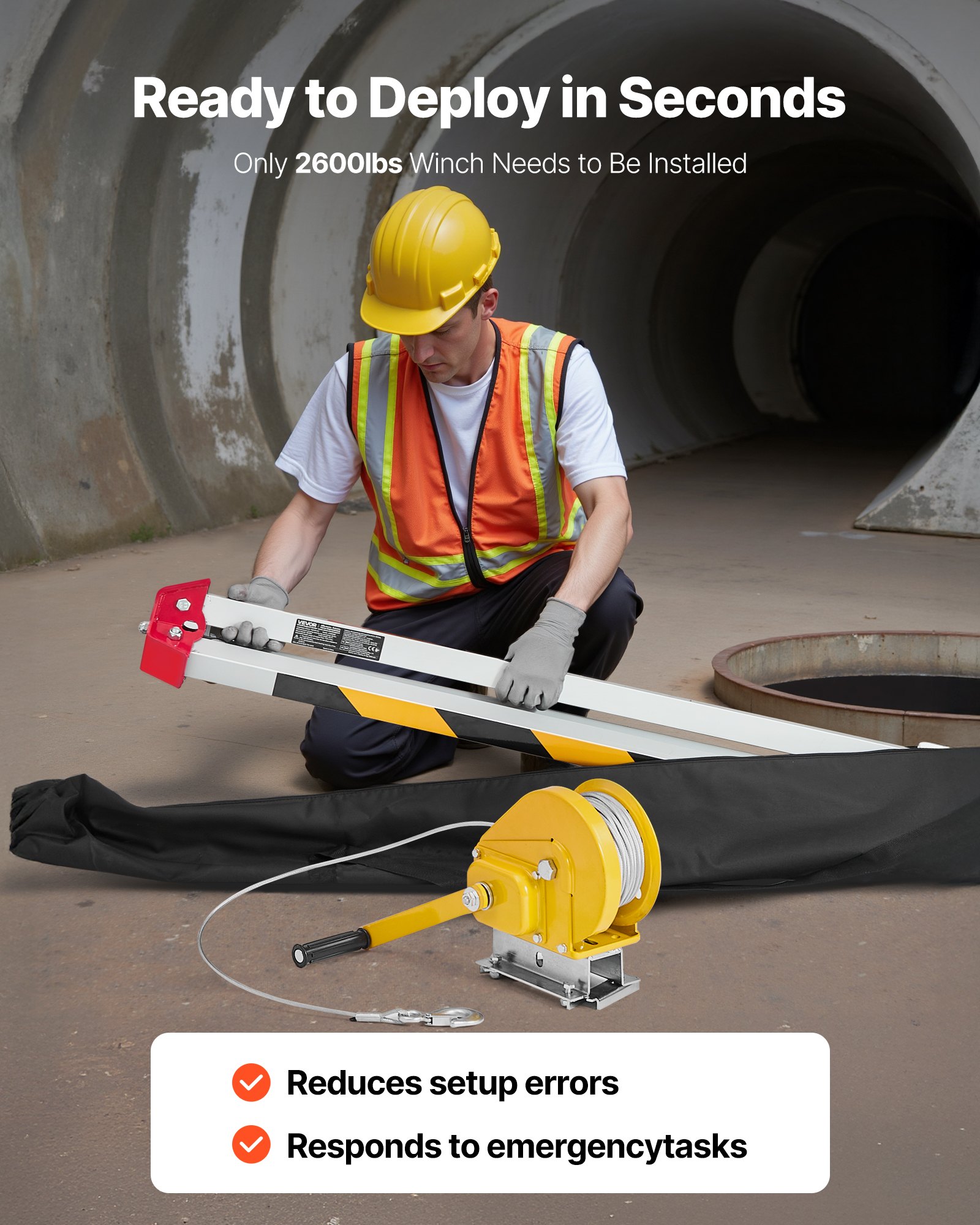 VEVOR Kit de Trípode de Rescate para Espacios Confinados, con Cabrestante 1179 kg, Patas Ajustables de 1,45 m, Cable de 30 m, Protección Anticaídas de 10 m, Altura de Trabajo de 1,6 a 2,45 m