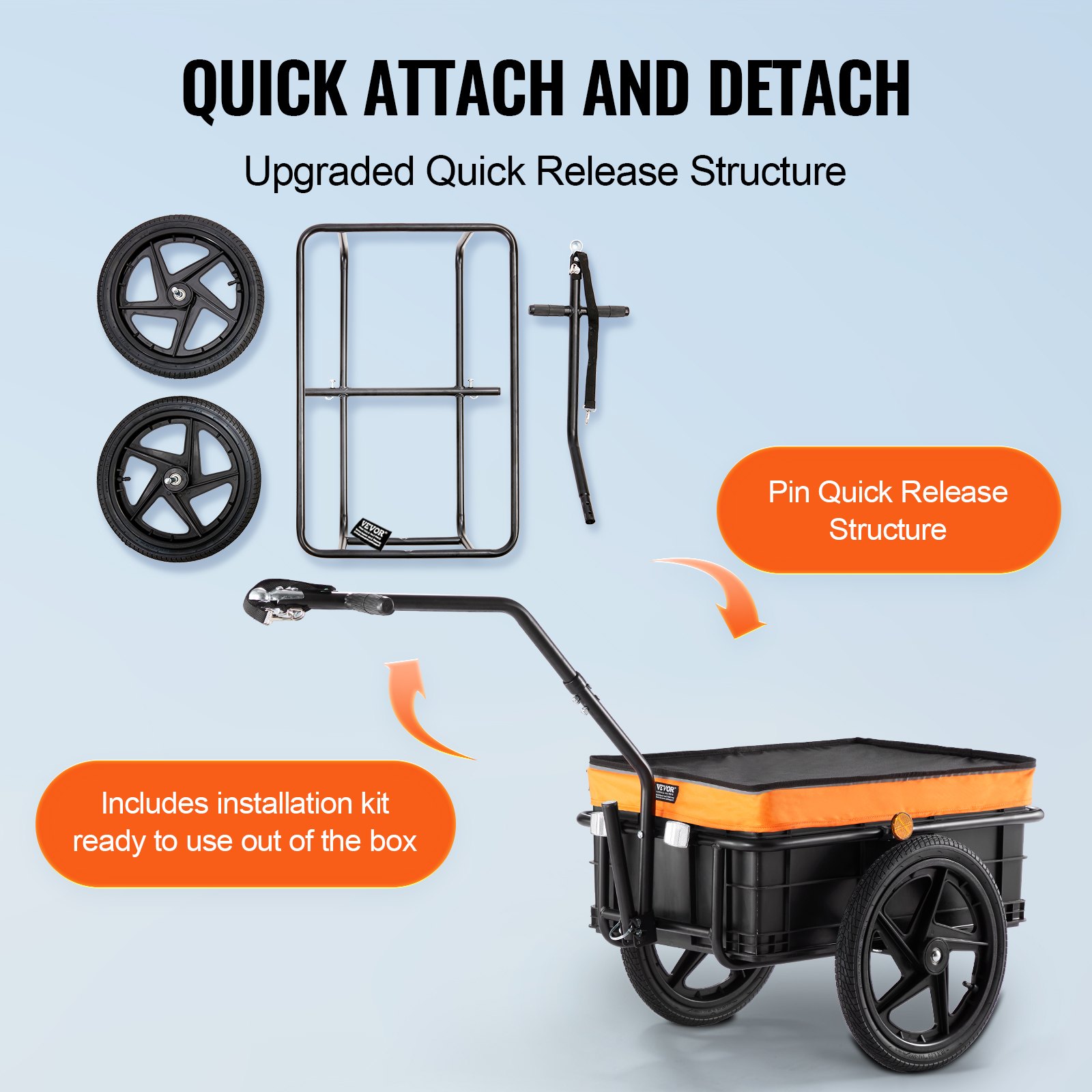VEVOR Remolque para Bicicleta Capacidad de Carga de 40 kg Carro para Bicicleta Almacenamiento Compacto Plegable con Enganche Universal Ruedas de 406 mm para Bicicleta con Ruedas de 640 mm a 711 mm
