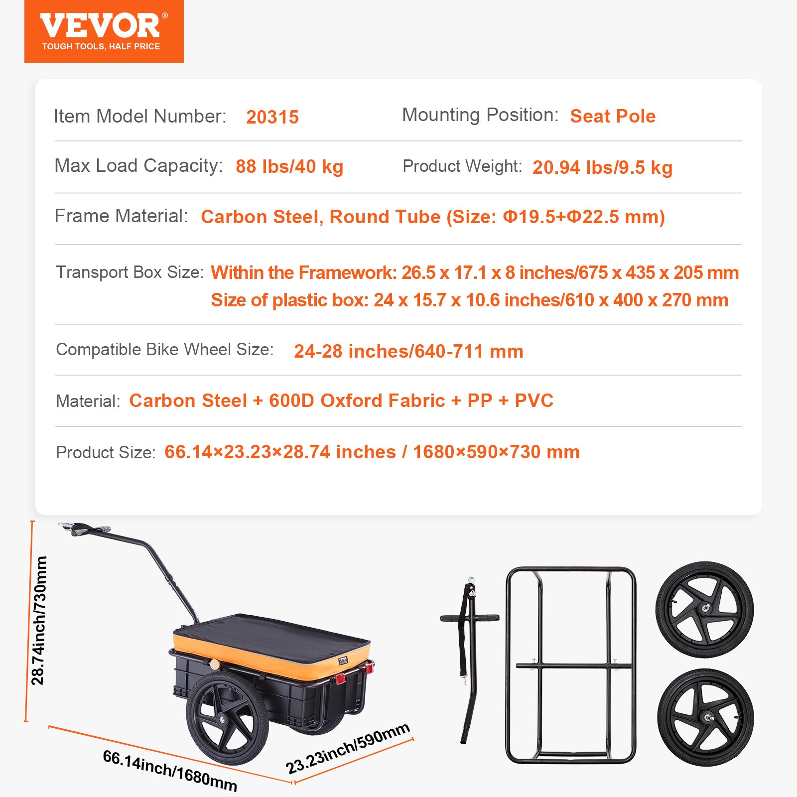 VEVOR Remolque para Bicicleta Capacidad de Carga de 40 kg Carro para Bicicleta Almacenamiento Compacto Plegable con Enganche Universal Ruedas de 406 mm para Bicicleta con Ruedas de 640 mm a 711 mm