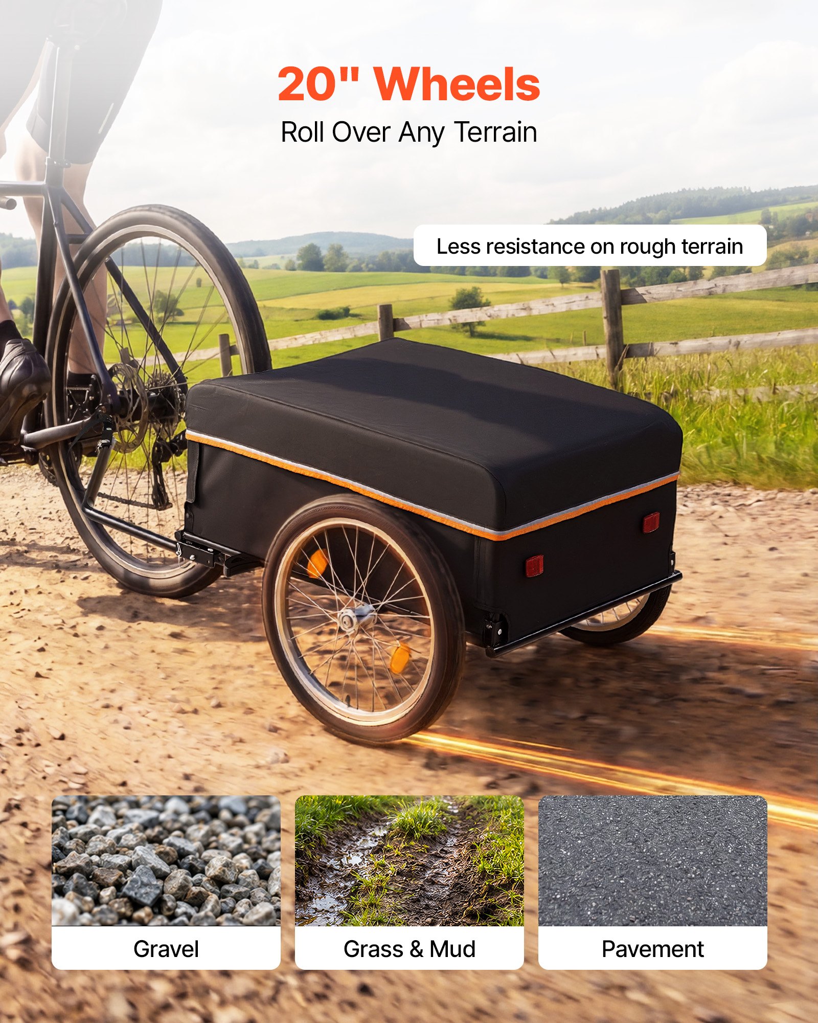 VEVOR Remolque para Bicicleta Plegable 59 kg con Ruedas Dobles de 50,8 cm, con Cuadro de Acero Aleado, Base Reforzada, Funda Oxford 600D y Reflectores para Camping, Compras y Transporte de Cargas
