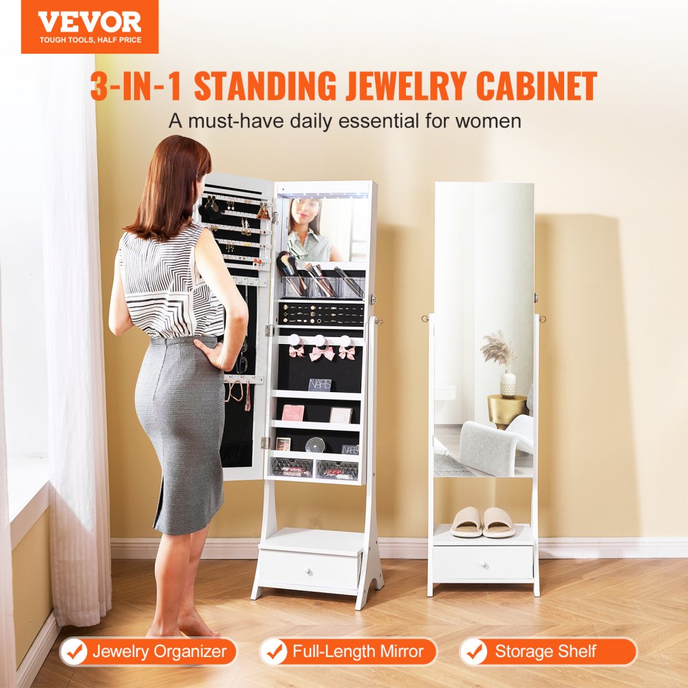 VEVOR Mirror Jewelry Cabinet, Standing Mirror with Storage, Lockable Jewelry Mirror Organizer with Full-Length Mirror, Velvet Lining, LED Interior Lighting, and Drawer, White Jewelry Cabinet