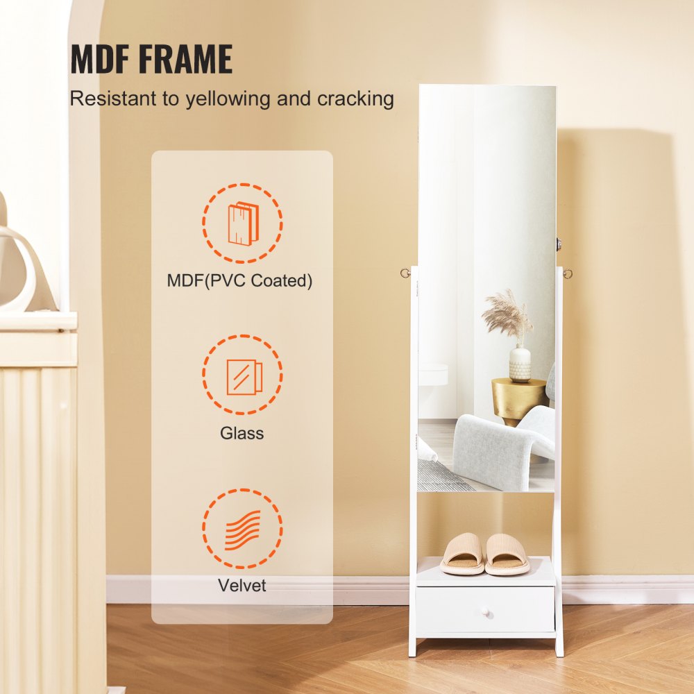VEVOR Mirror Jewelry Cabinet, Standing Mirror with Storage, Lockable Jewelry Mirror Organizer with Full-Length Mirror, Velvet Lining, LED Interior Lighting, and Drawer, White Jewelry Cabinet