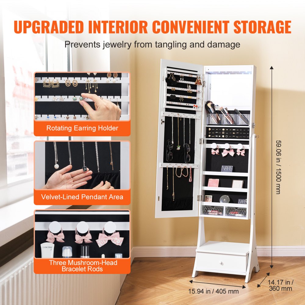 VEVOR Armario para Joyas de 41 x 36 x 157 cm con Espejo, Organizador de Espejos de Joyas con Cerradura y Espejo de Cuerpo Entero, Forro de Terciopelo, Luz LED, Cajón para Joyas, valores, Blanco