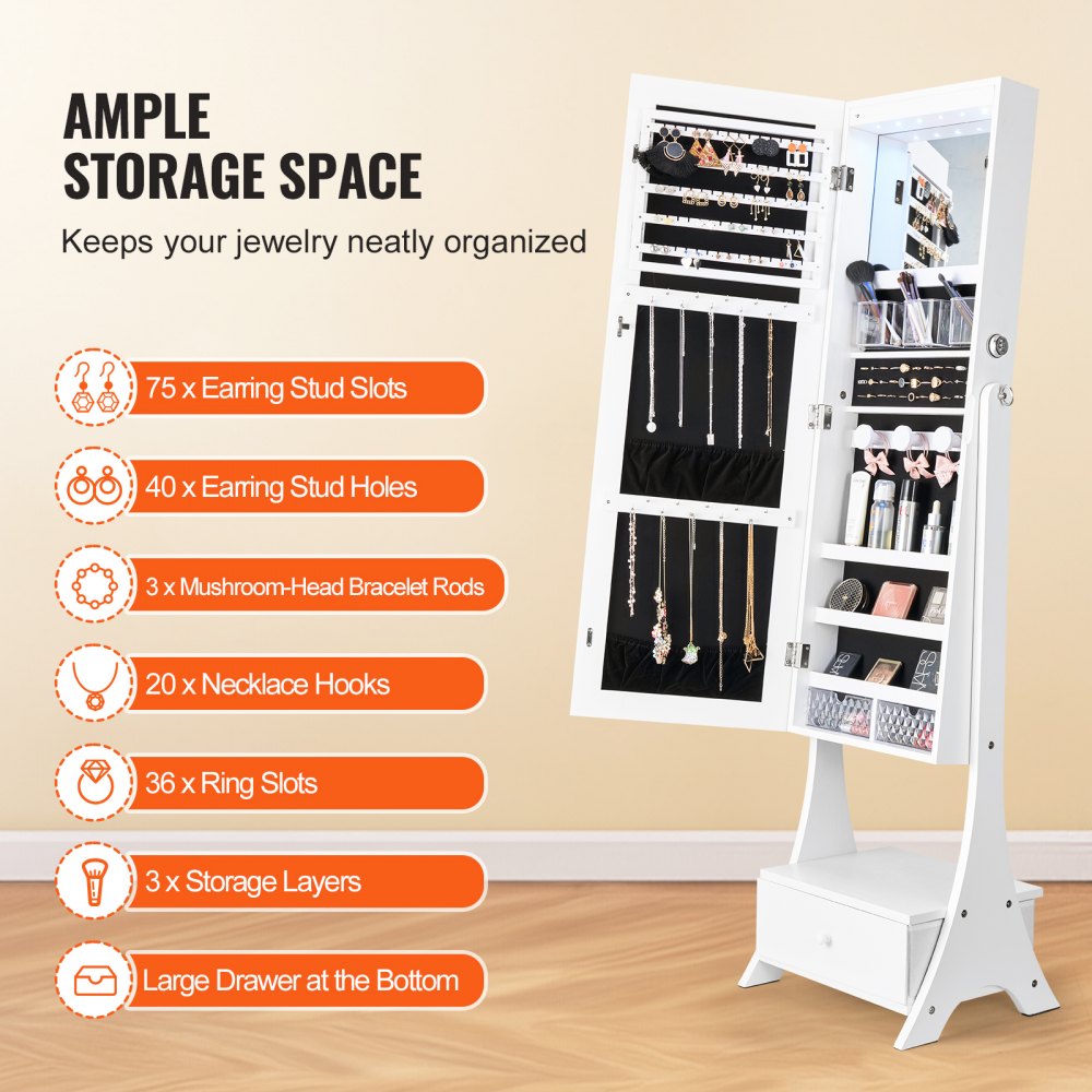 VEVOR Armario para Joyas de 41 x 36 x 157 cm con Espejo, Organizador de Espejos de Joyas con Cerradura y Espejo de Cuerpo Entero, Forro de Terciopelo, Luz LED, Cajón para Joyas, valores, Blanco