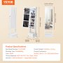 VEVOR Armario para Joyas de 41 x 36 x 157 cm con Espejo, Organizador de Espejos de Joyas con Cerradura y Espejo de Cuerpo Entero, Forro de Terciopelo, Luz LED, Cajón para Joyas, valores, Blanco