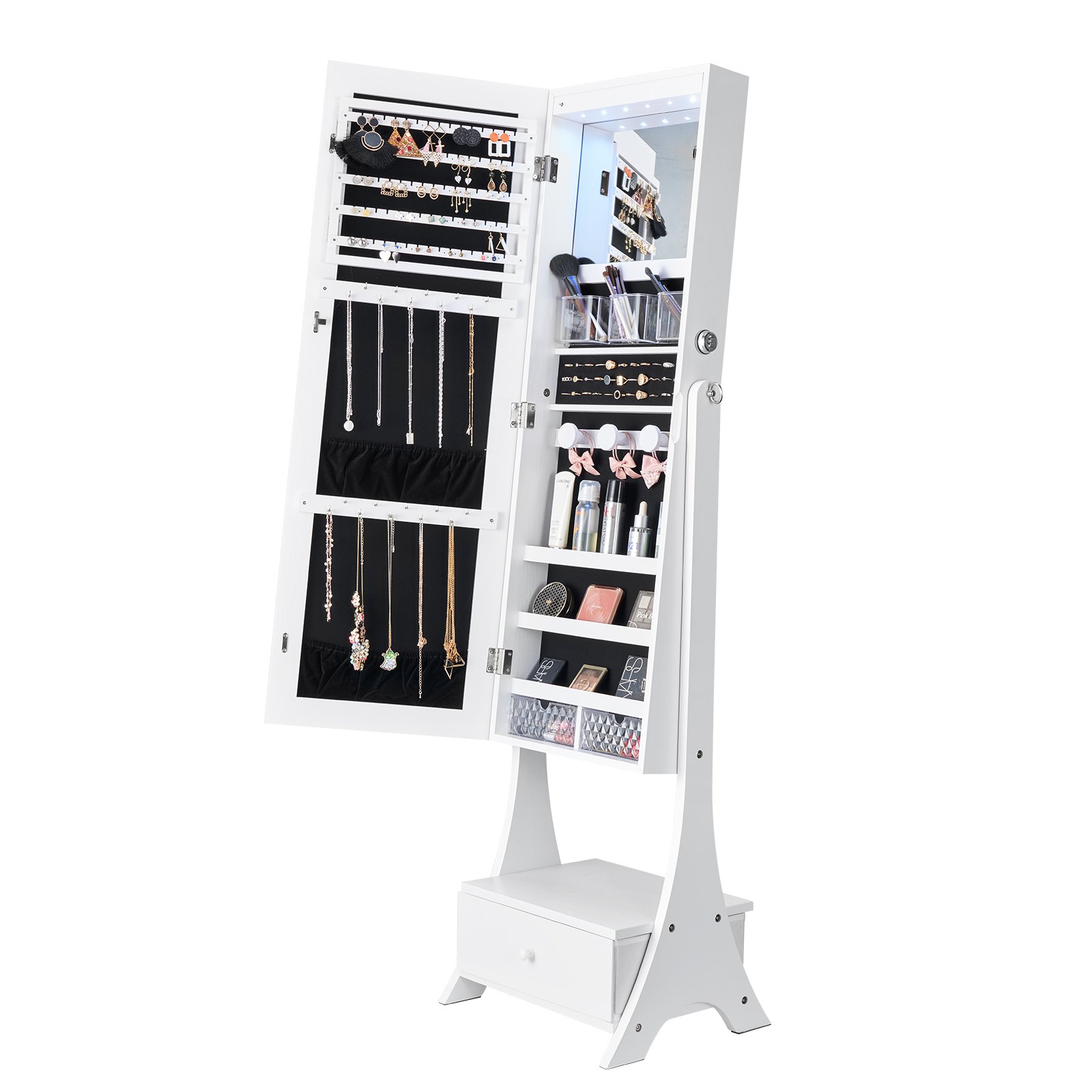 VEVOR Mirror Jewelry Cabinet, Standing Mirror with Storage, Lockable Jewelry Mirror Organizer with Full-Length Mirror, Velvet Lining, LED Interior Lighting, and Drawer, White Jewelry Cabinet