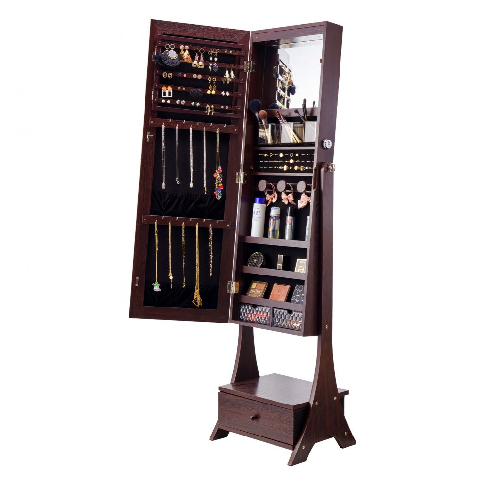 VEVOR Mirror Jewelry Cabinet, Standing Mirror with Storage, Lockable Jewelry Mirror Organizer with Full-Length Mirror, Velvet Lining, LED Interior Lighting, and Drawer, Brown Jewelry Cabinet