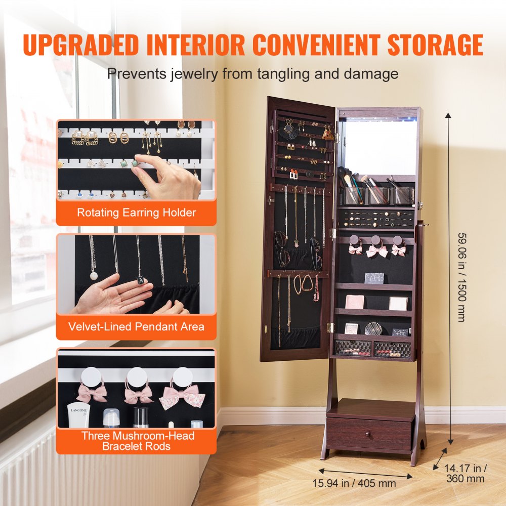 VEVOR Mirror Jewelry Cabinet, Standing Mirror with Storage, Lockable Jewelry Mirror Organizer with Full Length Mirror, Velvet Lining, Interior LED Light, Drawer, Freestanding Jewelry Armoire, Brown
