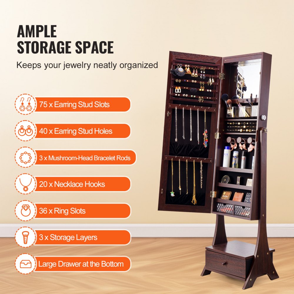 VEVOR Mirror Jewelry Cabinet, Standing Mirror with Storage, Lockable Jewelry Mirror Organizer with Full Length Mirror, Velvet Lining, Interior LED Light, Drawer, Freestanding Jewelry Armoire, Brown
