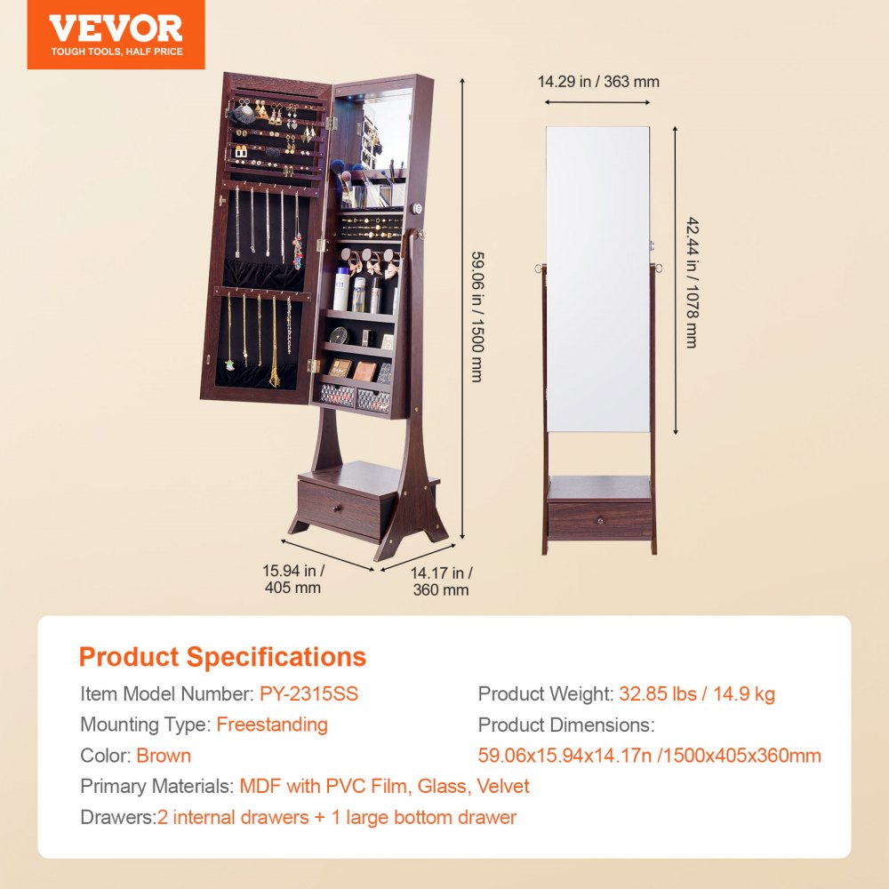 VEVOR Mirror Jewelry Cabinet, Standing Mirror with Storage, Lockable Jewelry Mirror Organizer with Full Length Mirror, Velvet Lining, Interior LED Light, Drawer, Freestanding Jewelry Armoire, Brown