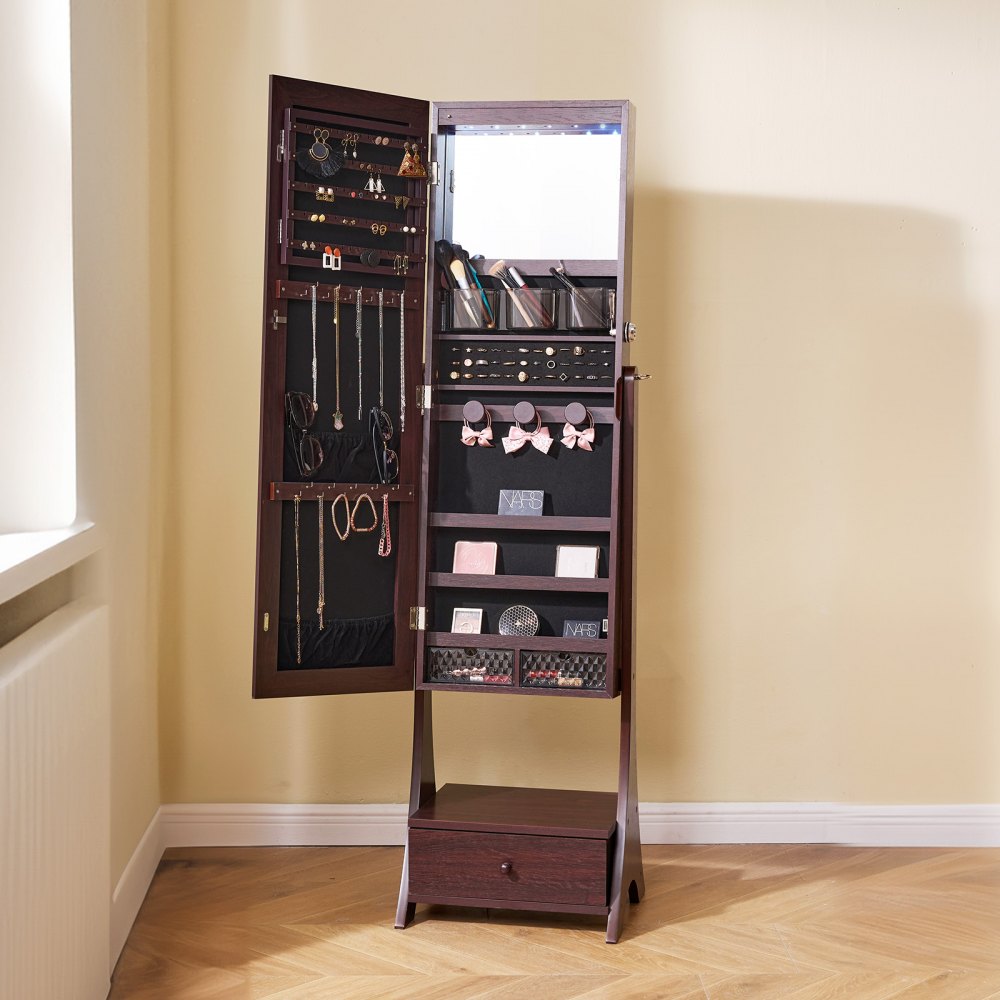 VEVOR Mirror Jewelry Cabinet, Standing Mirror with Storage, Lockable Jewelry Mirror Organizer with Full Length Mirror, Velvet Lining, Interior LED Light, Drawer, Freestanding Jewelry Armoire, Brown