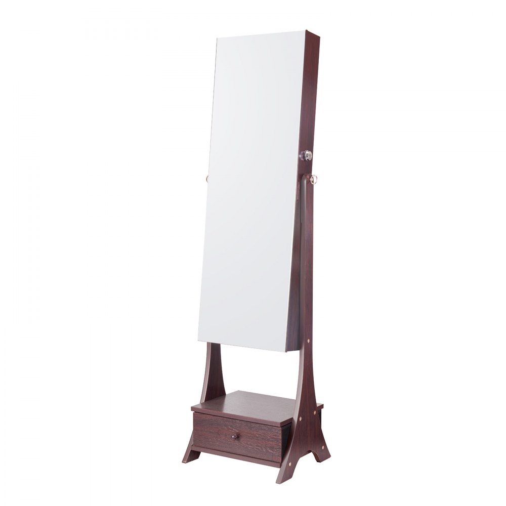 VEVOR Mirror Jewelry Cabinet, Standing Mirror with Storage, Lockable Jewelry Mirror Organizer with Full Length Mirror, Velvet Lining, Interior LED Light, Drawer, Freestanding Jewelry Armoire, Brown