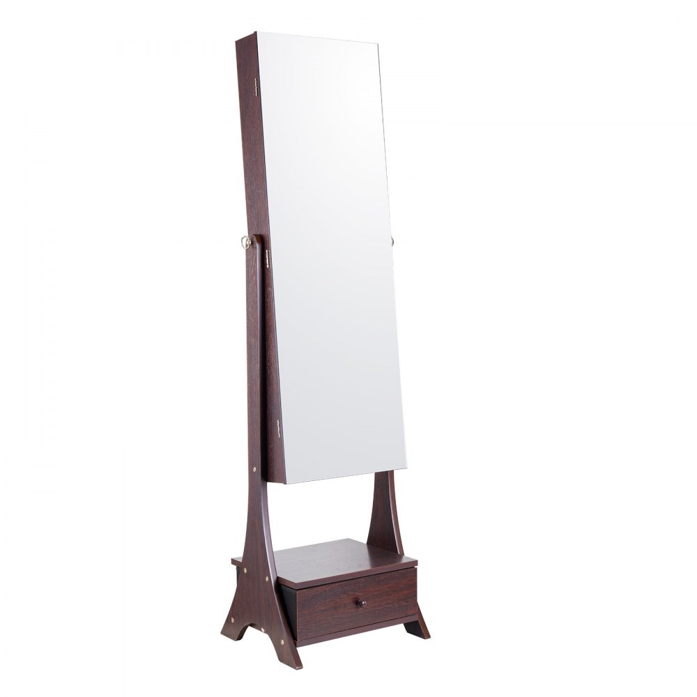 VEVOR Mirror Jewelry Cabinet, Standing Mirror with Storage, Lockable Jewelry Mirror Organizer with Full Length Mirror, Velvet Lining, Interior LED Light, Drawer, Freestanding Jewelry Armoire, Brown